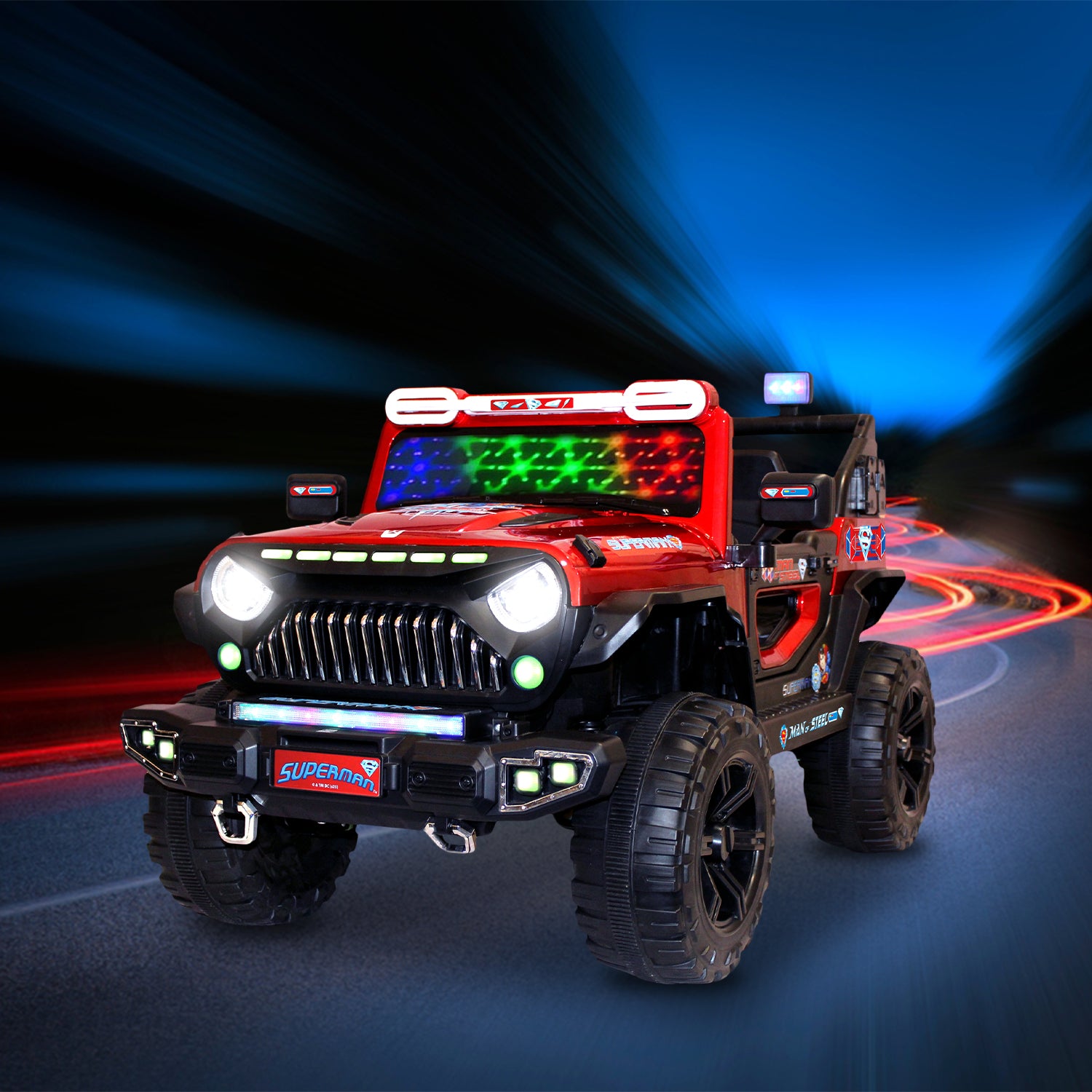 Leotoon Licensed SUPERMAN Terrain SUV | 2B 6V/5AH | 4M 12V/16000 RPM | 2.4 GHz Remote | USB/MP3 | 2 Seater | Rocking | Windshield Dancing LED | Bumper With LED | BIS Certified | (Metallic Red) (3-10 Years)
