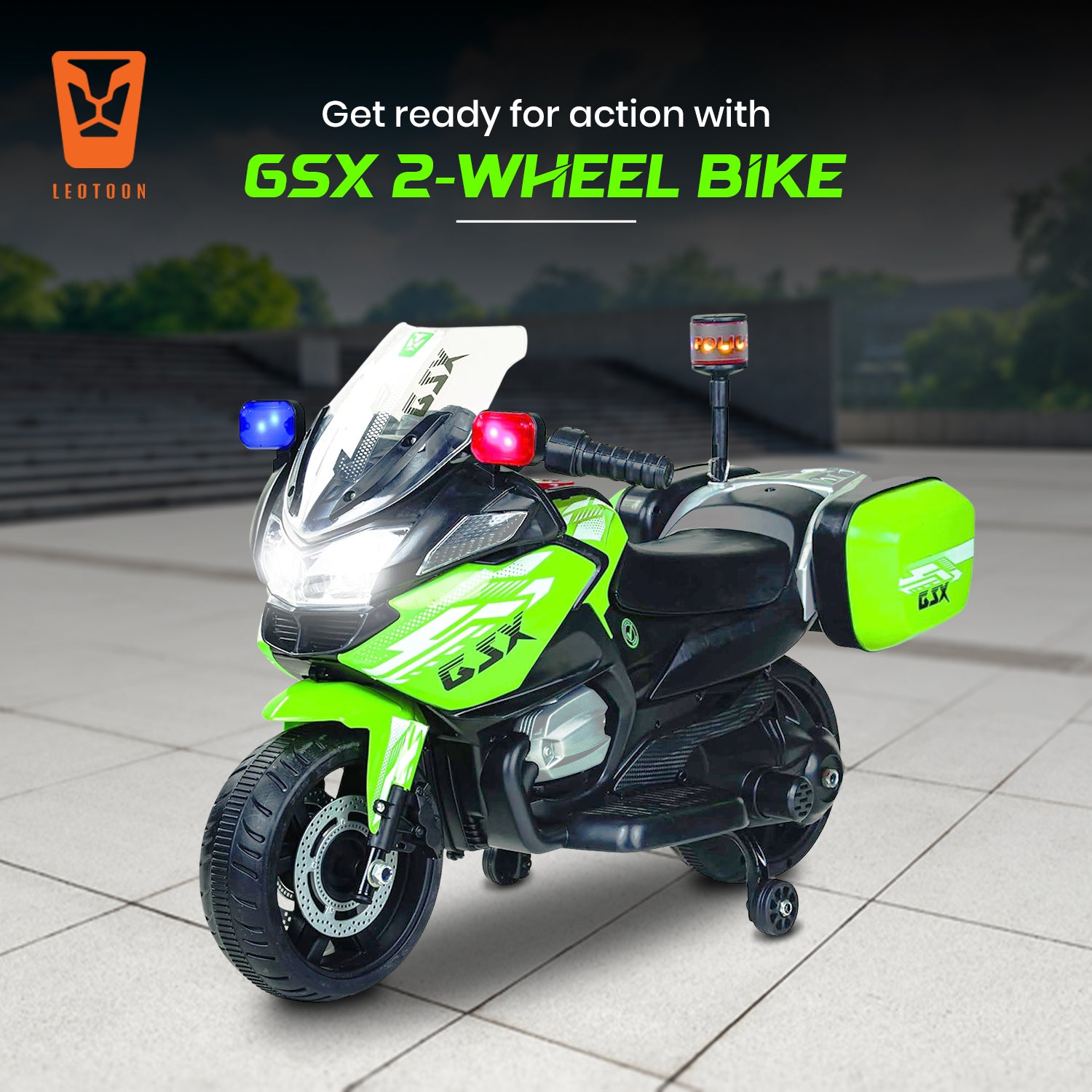 Leotoon GSX 2W Kids Bike | 6V/5AH Battery | 6V/16000 RPM Motor | Foot Accelerator | USB/MP3 Interface | Educational Rhymes | LED Light | English Music | BIS Certified | (Green) (3-5 Years)