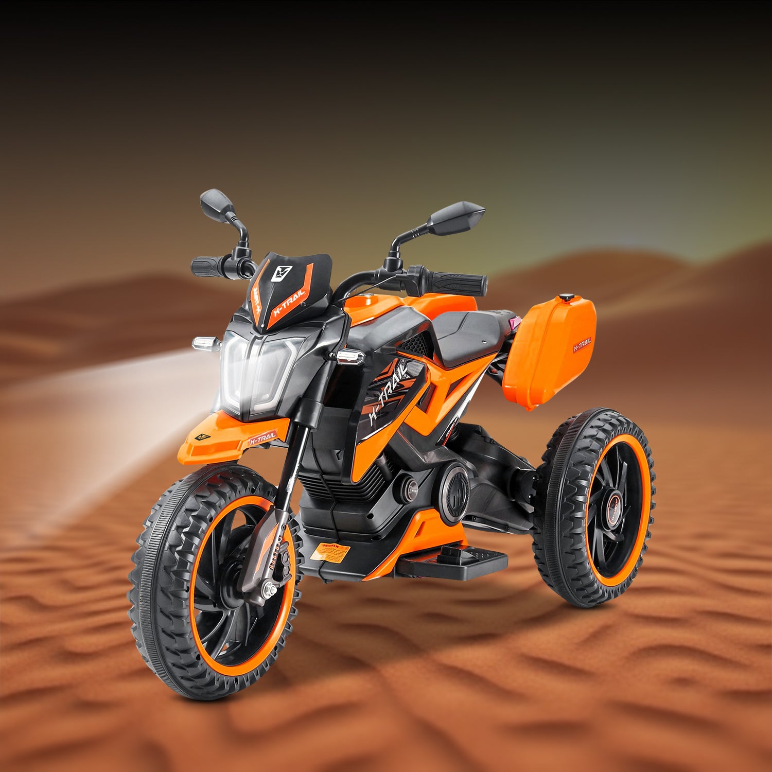 Leotoon X-Trail 3W Bike | 12V/5AH Battery | 12V/11000 RPM Motor | Hand Accelerator | USB/MP3 | English Rhymes | Big Wheels | English Music | BIS Certified | (Orange) (3-8 Years)