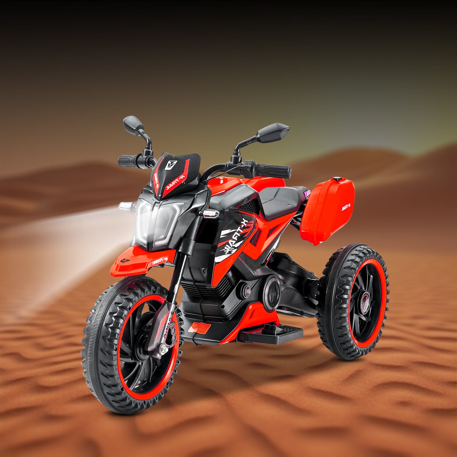 Leotoon X-Trail 3W Bike | 12V/5AH Battery | 12V/11000 RPM Motor | Hand Accelerator | USB/MP3 | English Rhymes | Big Wheels | English Music | BIS Certified | (Red) (3-8 Years)