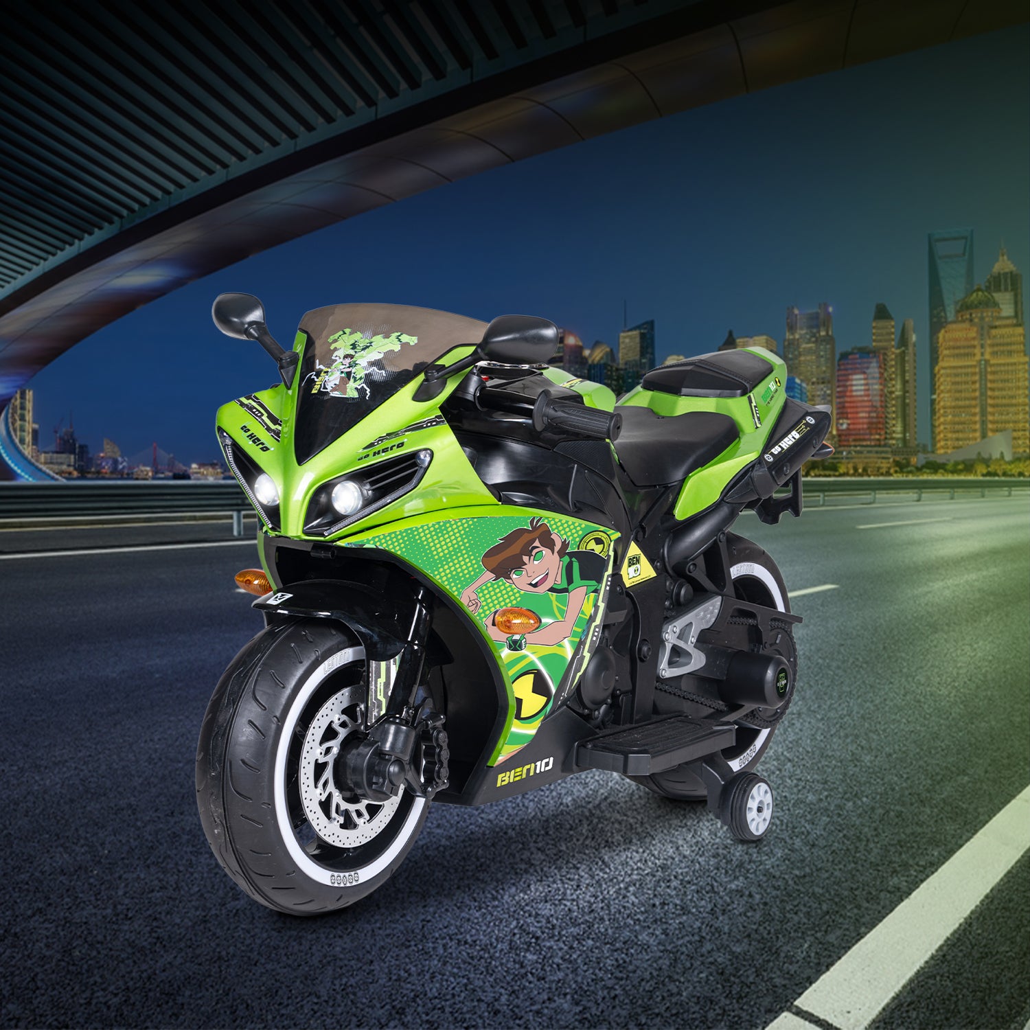 Leotoon Licensed Ben10 Bike | 12V/5AH Battery | 12V/15000 RPM Motor | Hand Accelerator | USB/MP3 Interface | LED Light | English Music & Rhymes | BIS Certified | (Metallic Green) (3-8 Years)