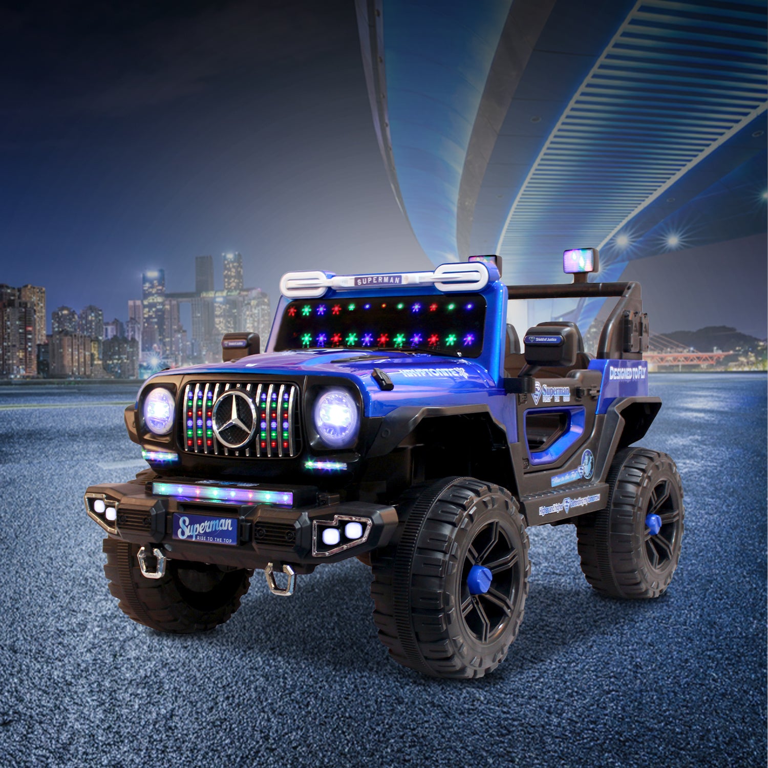 Leotoon Licensed Superman SUV | 2B 6V/5AH | 4M 12V/16000 RPM | 2.4 GHz Remote | USB/MP3 | 2 Seater | Rocking | Windshield Dancing LED | Bumper With LED | BIS Certified | (Metallic Blue) (3-10 Years)