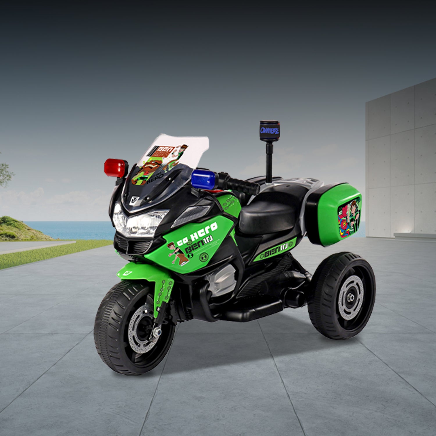 Leotoon Licensed Ben10 (3W) Kids Bike | 6V/5AH Battery | 6V/16000 RPM Motor | Foot Accelerator | USB/MP3 Interface | LED Light | English Rhymes & Music | BIS Certified | (Green) (3-5 Years)