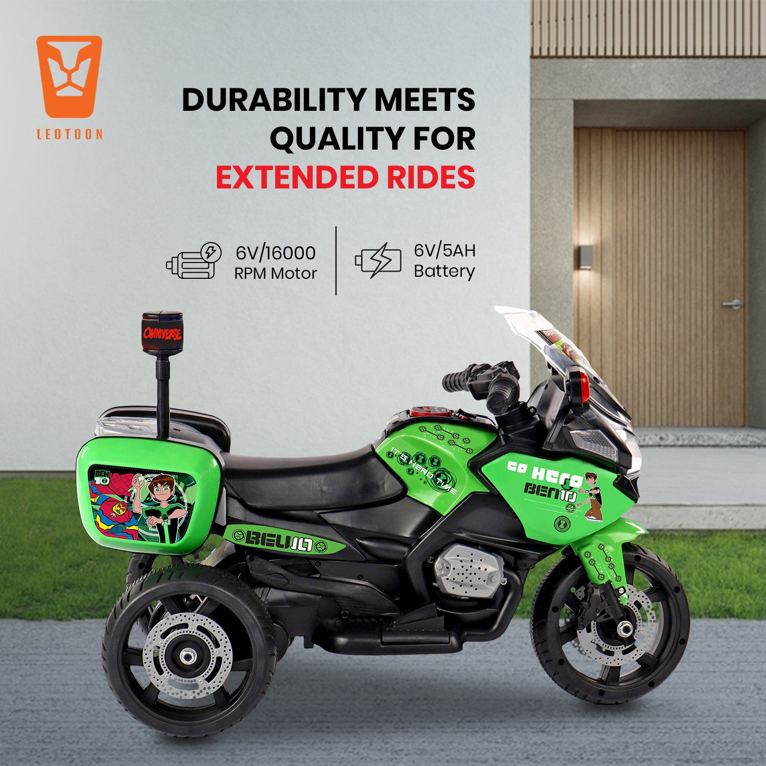 Leotoon Licensed Ben10 (3W) Kids Bike | 6V/5AH Battery | 6V/16000 RPM Motor | Foot Accelerator | USB/MP3 Interface | LED Light | English Rhymes & Music | BIS Certified | (Green) (3-5 Years)