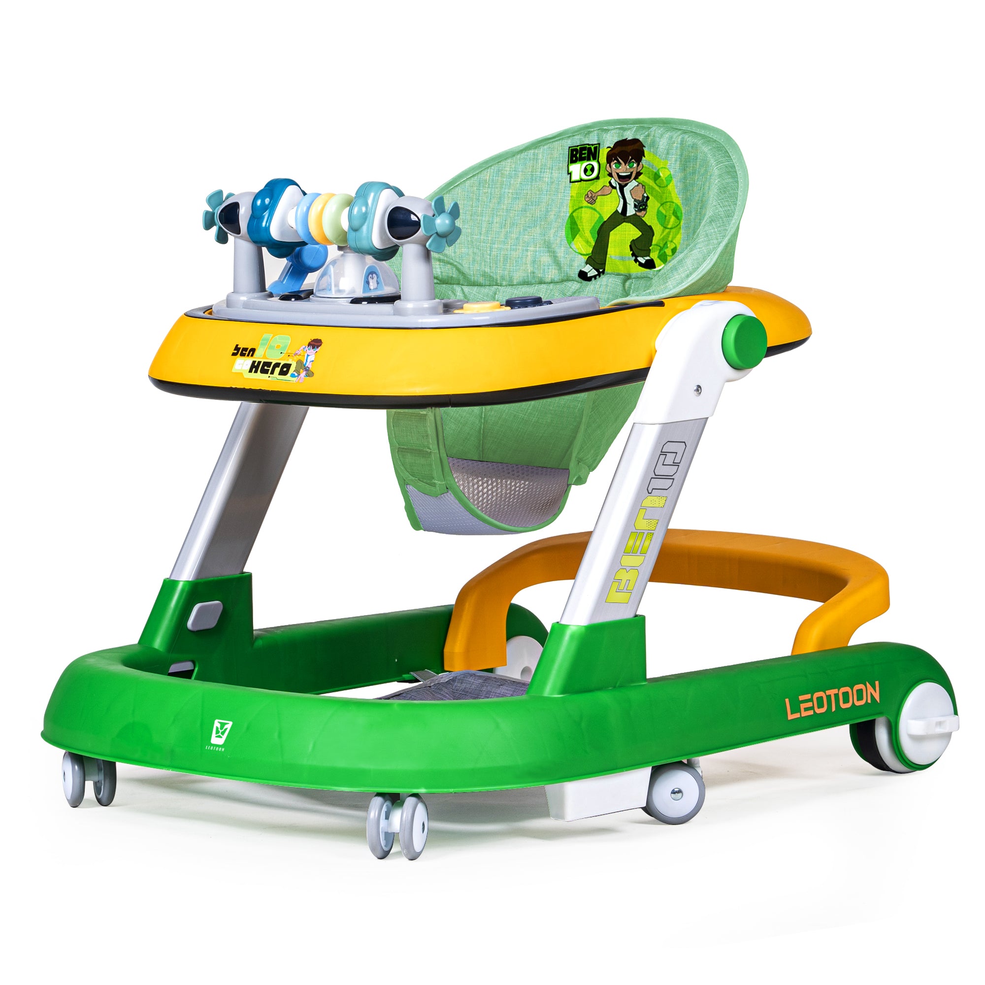 Leotoon 2-in-1 Licensed Ben10 Walker | 2 Level Adjustable Height | Musical Tray | Infant Activity Walker | 4 Multi-Directional Mute Wheels | LED Decorated | Foldable Design | Foot Mat | Anti Fall | Speed Control | BIS | (Green) (6-24 Months)