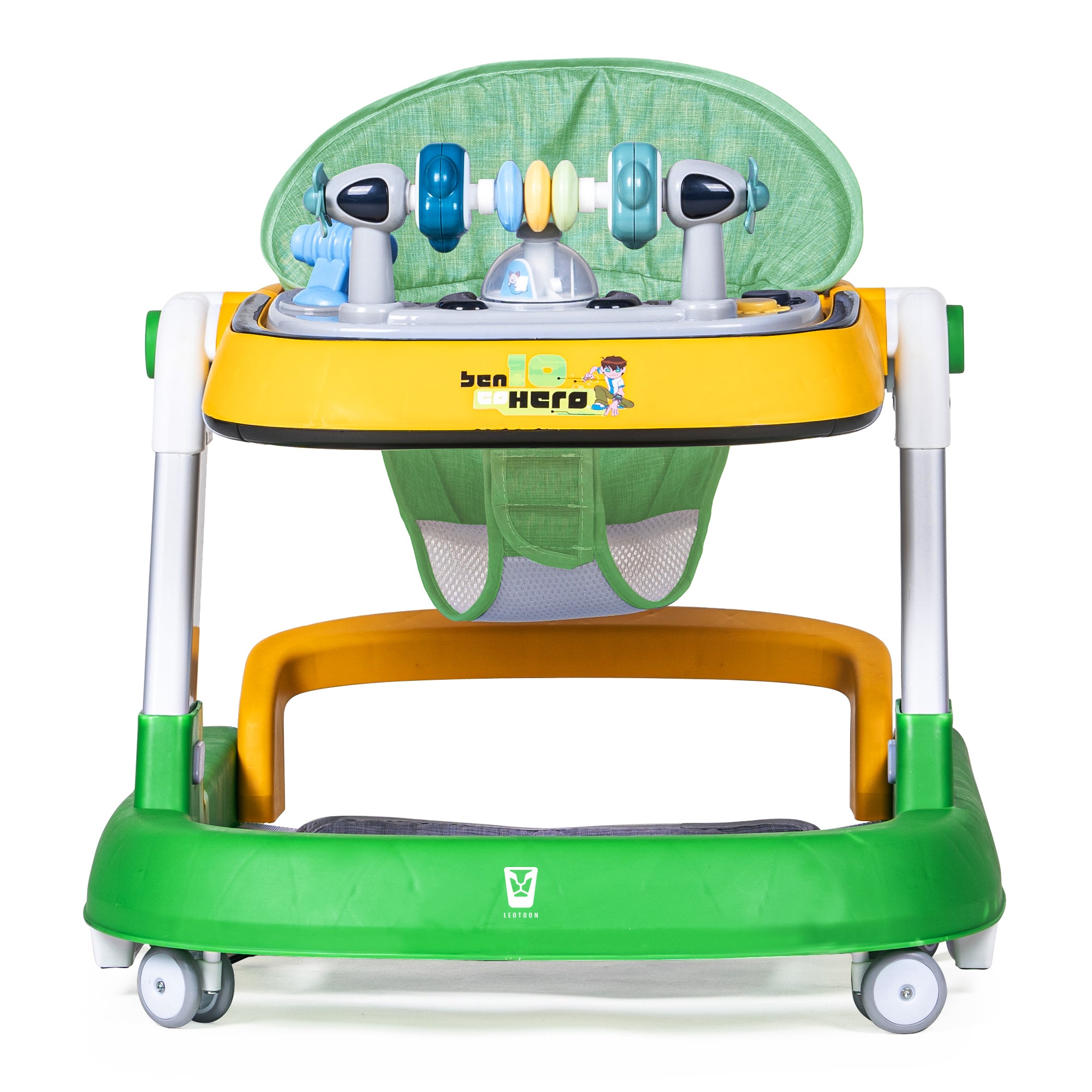 Leotoon 2-in-1 Licensed Ben10 Walker | 2 Level Adjustable Height | Musical Tray | Infant Activity Walker | 4 Multi-Directional Mute Wheels | LED Decorated | Foldable Design | Foot Mat | Anti Fall | Speed Control | BIS | (Green) (6-24 Months)