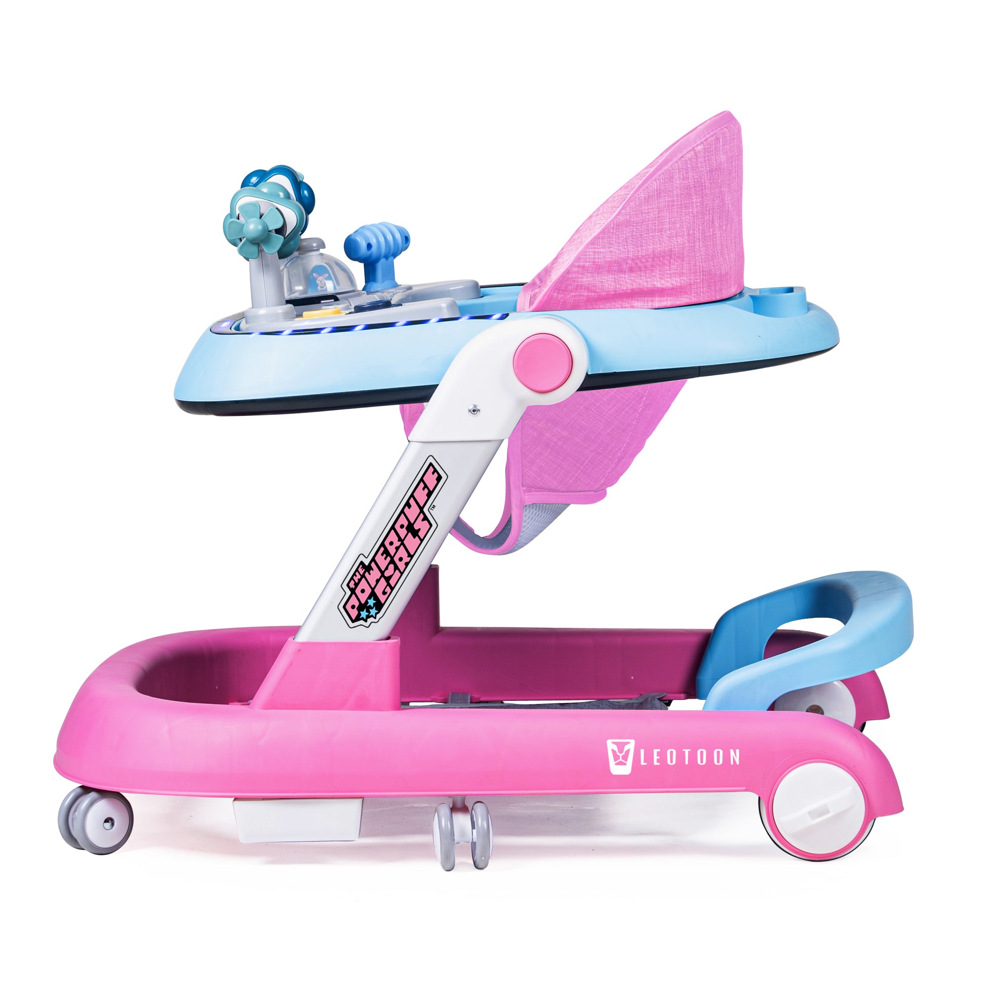 Leotoon 2-in-1 Licensed Powerpuff Girls Walker | 2 Level Adjustable Height | Musical Tray | Infant Activity Walker | 4 Multi-Directional Mute Wheels | LED Decorated | Foldable Design | Foot Mat | Anti Fall | Speed Control | BIS | (Pink) (6-24 Months)