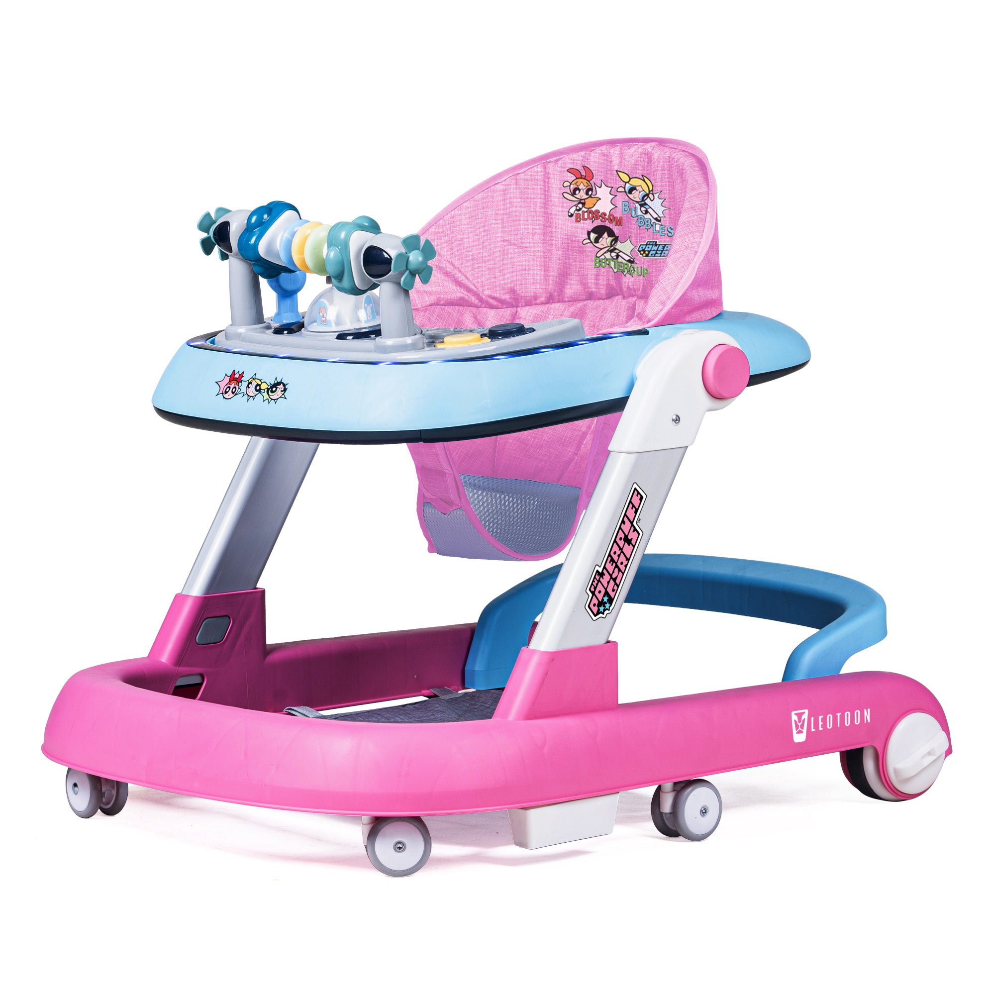 Leotoon 2-in-1 Licensed Powerpuff Girls Walker | 2 Level Adjustable Height | Musical Tray | Infant Activity Walker | 4 Multi-Directional Mute Wheels | LED Decorated | Foldable Design | Foot Mat | Anti Fall | Speed Control | BIS | (Pink) (6-24 Months)