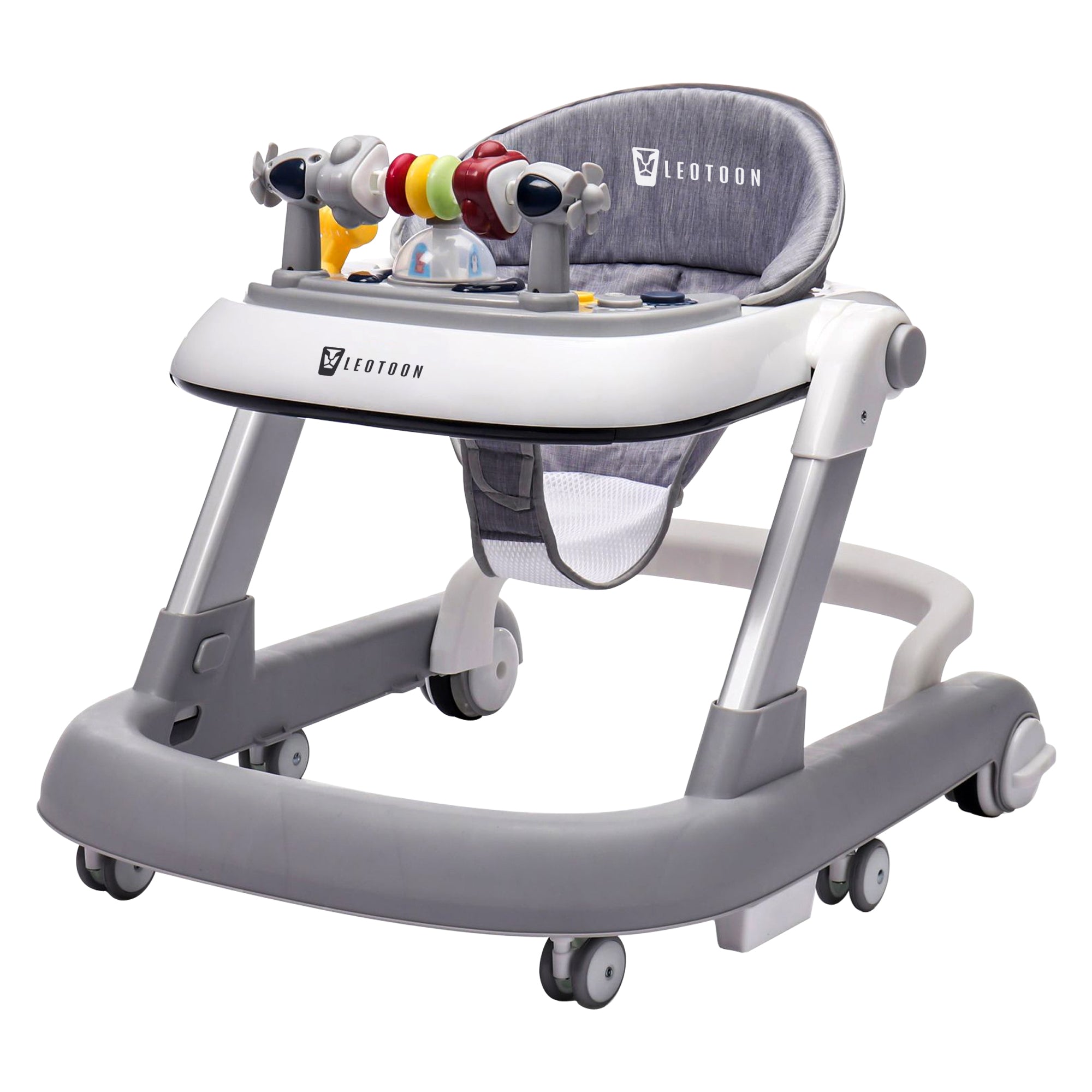 Leotoon 2-in-1 Sienna Baby Walker | 2 Level Adjustable Height | Musical Tray | Infant Activity Walker | 4 Multi-Directional Mute Wheels | LED Decorated | Foldable Design | Foot Mat | Anti Fall | Speed Control | BIS Certified | (Grey) (6-24 Months)