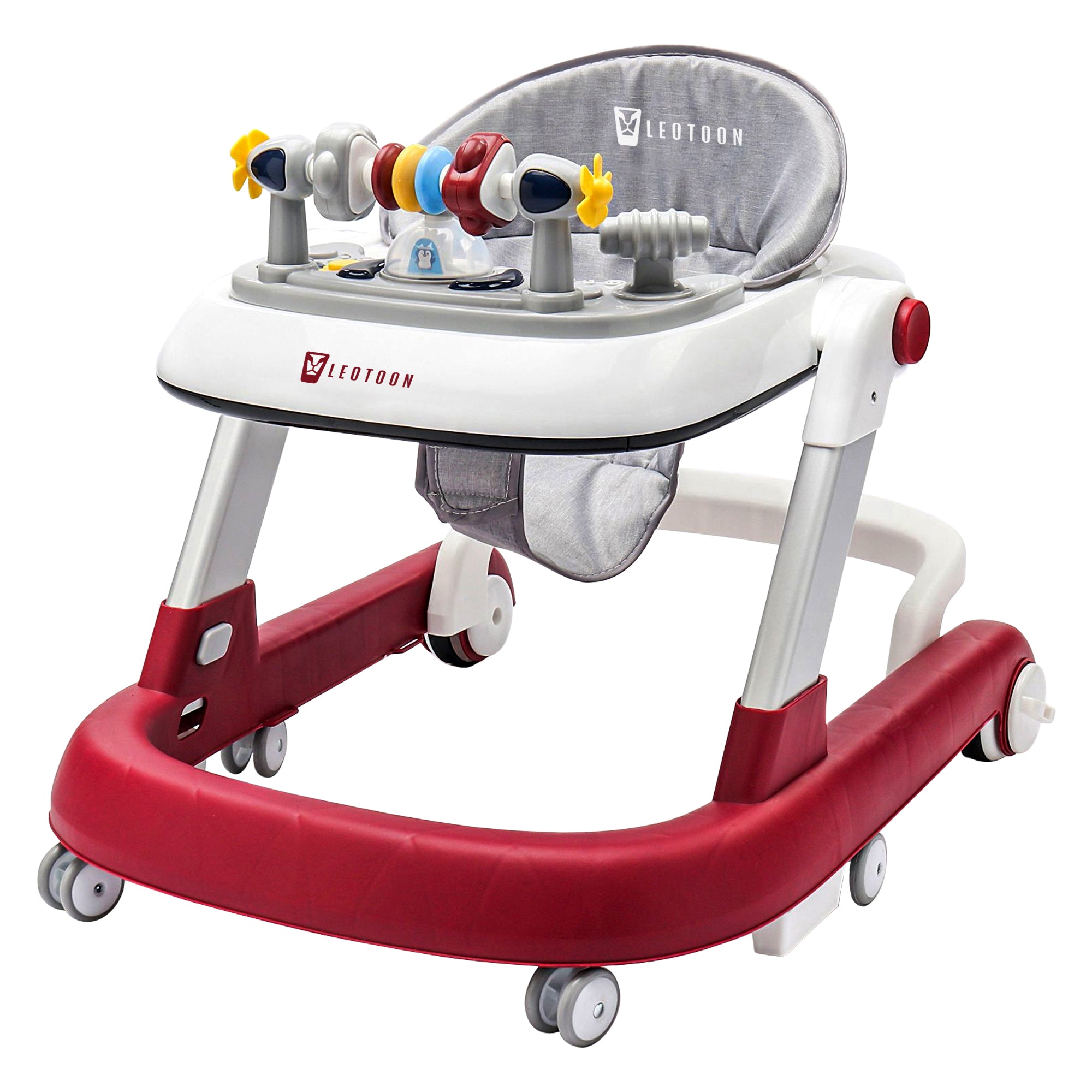 Leotoon 2-in-1 Sienna Baby Walker | 2 Level Adjustable Height | Musical Tray | Infant Activity Walker | 4 Multi-Directional Mute Wheels | LED Decorated | Foldable Design | Foot Mat | Anti Fall | Speed Control | BIS Certified | (Red) (6-24 Months)