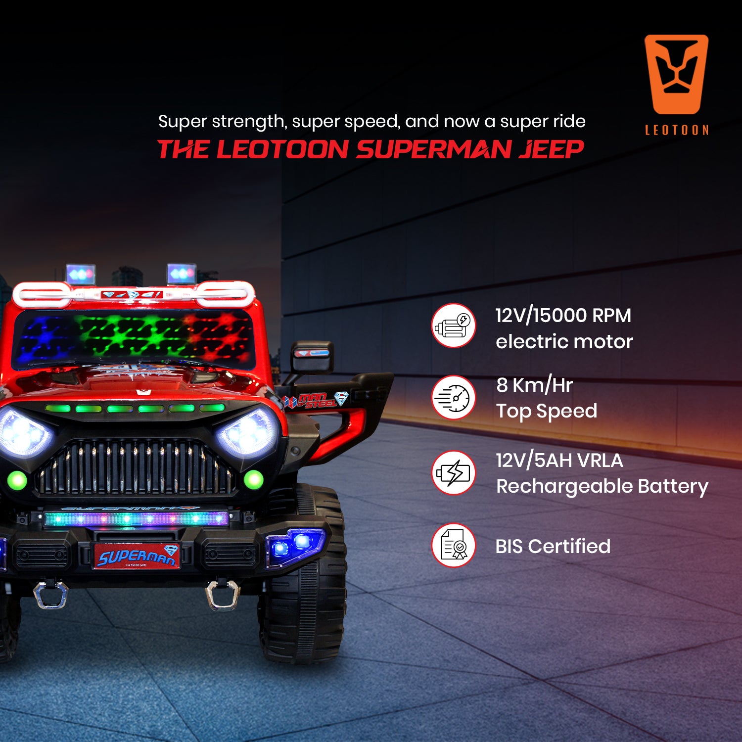 Leotoon Licensed SUPERMAN Terrain SUV | 2B 6V/5AH | 4M 12V/16000 RPM | 2.4 GHz Remote | USB/MP3 | 2 Seater | Rocking | Windshield Dancing LED | Bumper With LED | BIS Certified | (Metallic Red) (3-10 Years)