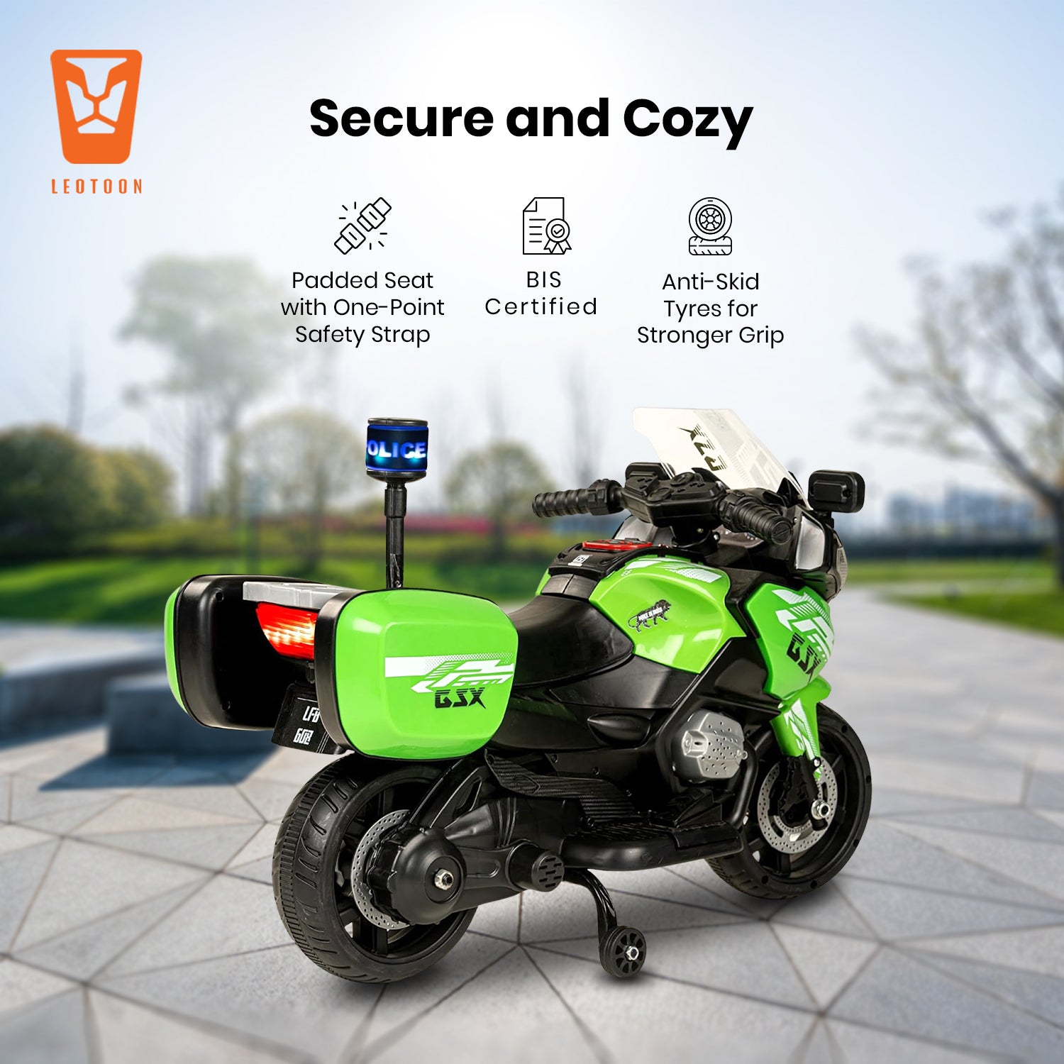 Leotoon GSX 2W Kids Bike | 6V/5AH Battery | 6V/16000 RPM Motor | Foot Accelerator | USB/MP3 Interface | Educational Rhymes | LED Light | English Music | BIS Certified | (Green) (3-5 Years)