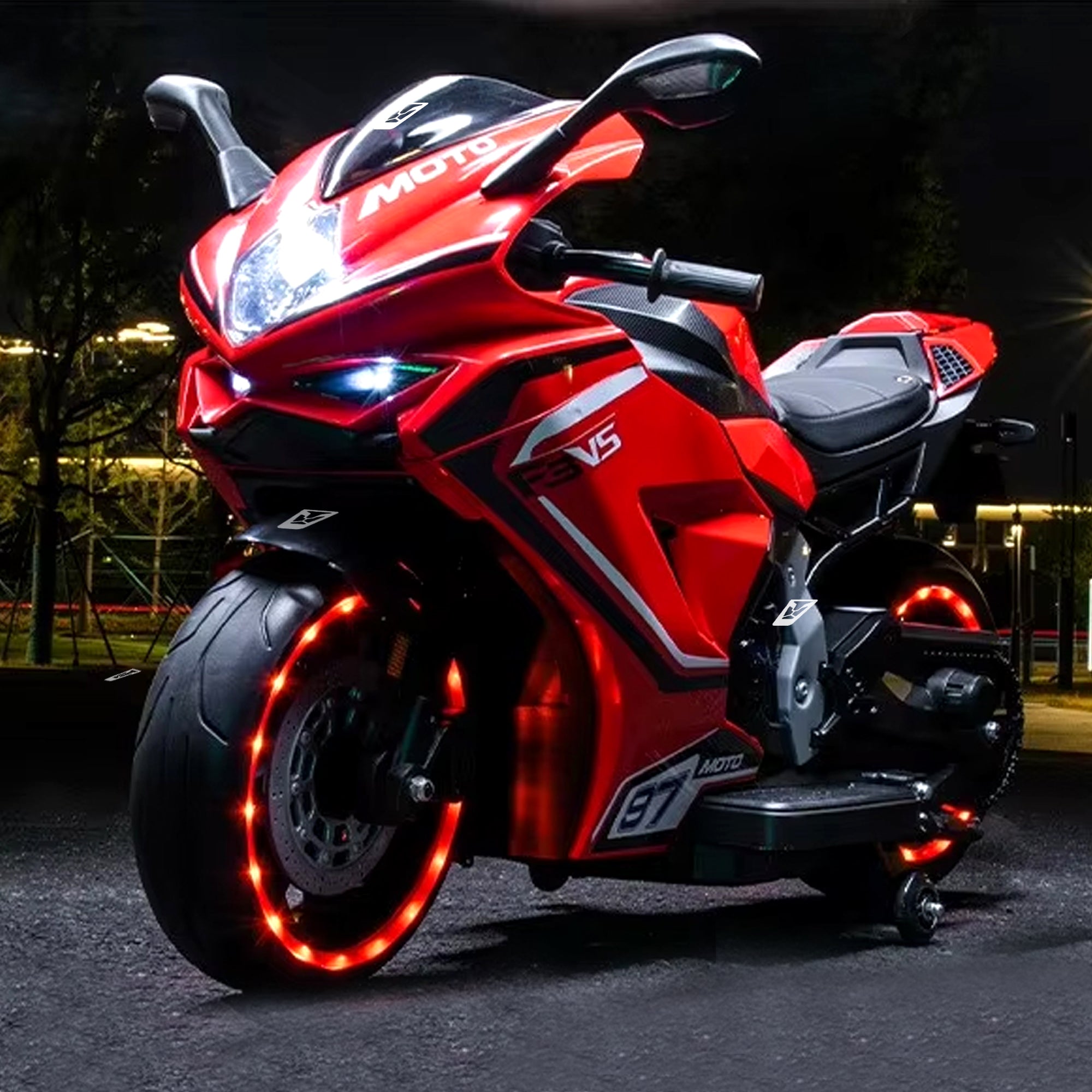 Leotoon Brutale F5 RR Bike | Biggest Bike | 12V/8AH Battery | 45W Two Motors | Hand Accelerator | USB/MP3 | English Rhymes |  LED Lit Wheels | English Music | BIS Certified | (Red) (3-12 Years)