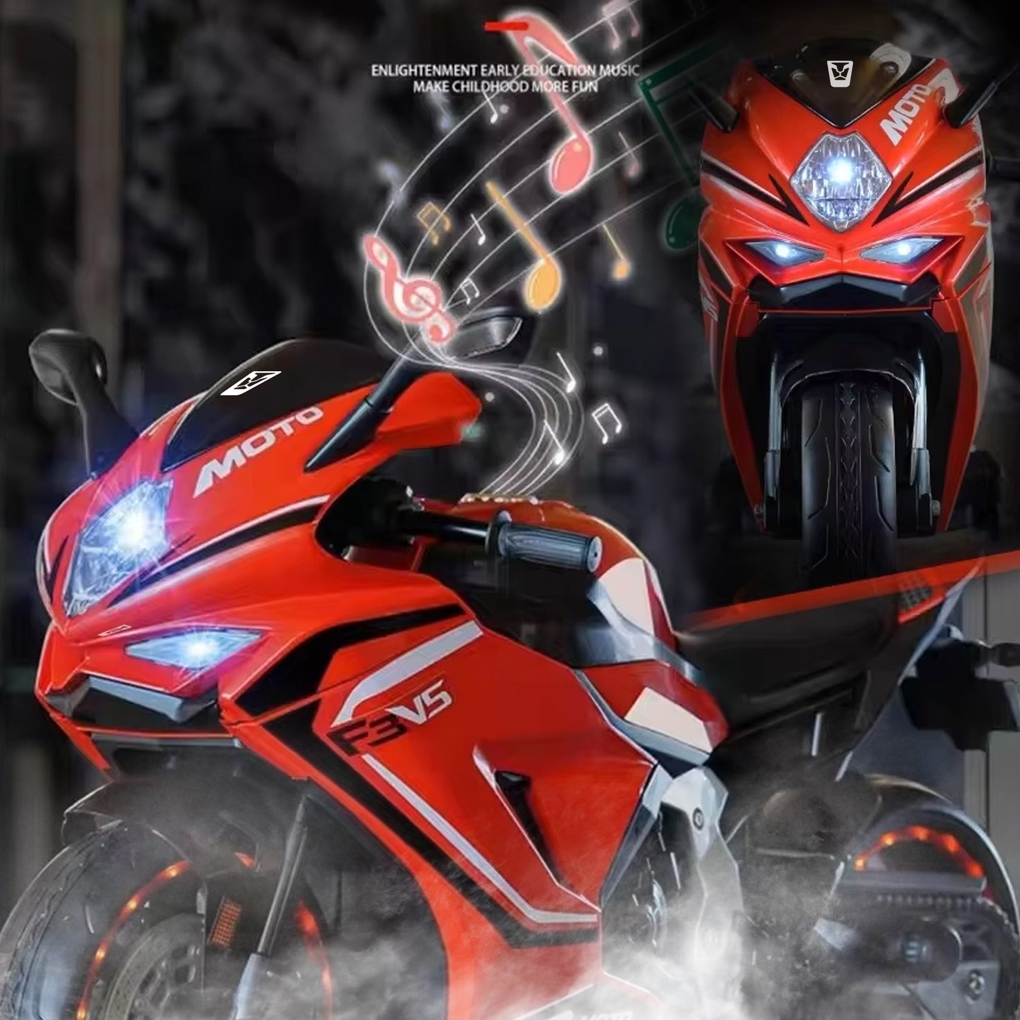 Leotoon Brutale F5 RR Bike | Biggest Bike | 12V/8AH Battery | 45W Two Motors | Hand Accelerator | USB/MP3 | English Rhymes |  LED Lit Wheels | English Music | BIS Certified | (Red) (3-12 Years)