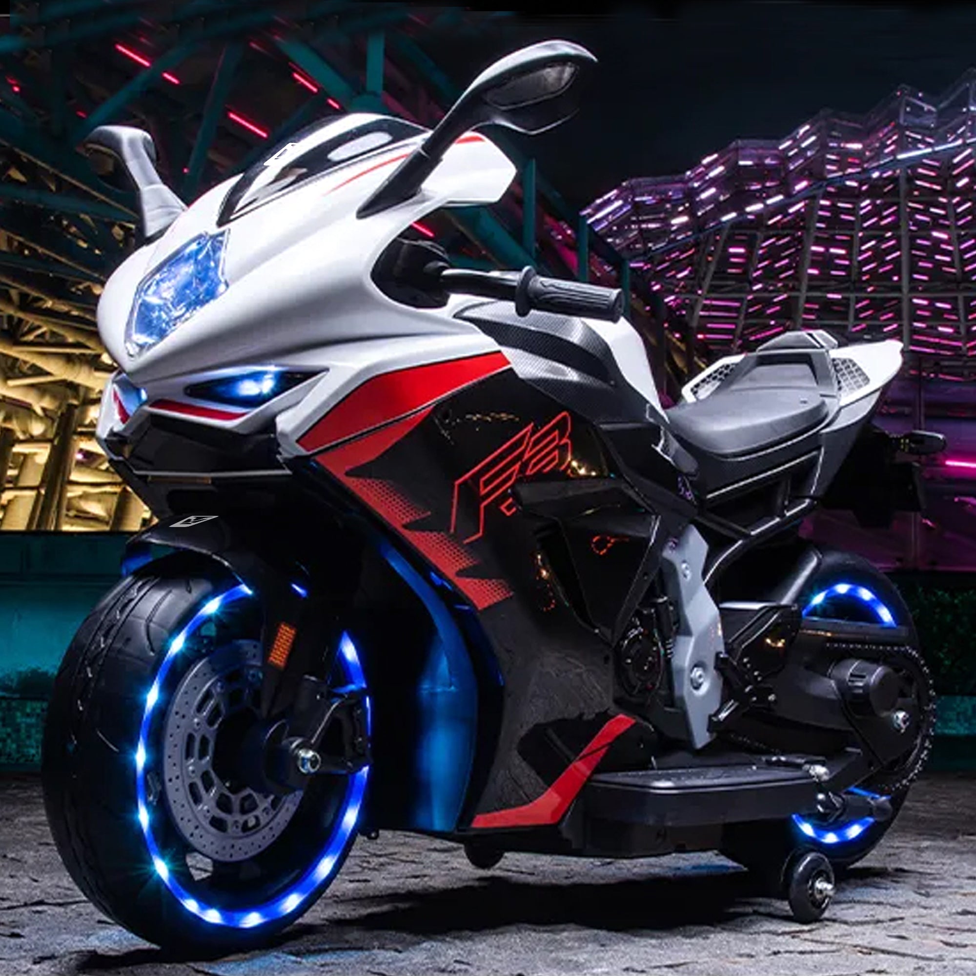 Leotoon Brutale F5 RR Bike | Biggest Bike | 12V/8AH Battery | 45W Two Motors | Hand Accelerator | USB/MP3 | English Rhymes |&nbsp; LED Lit Wheels | English Music | BIS Certified | (White) (3-12 Years)