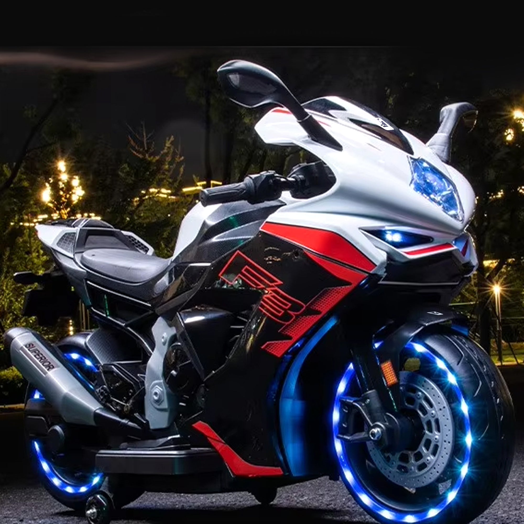 Leotoon Brutale F5 RR Bike | Biggest Bike | 12V/8AH Battery | 45W Two Motors | Hand Accelerator | USB/MP3 | English Rhymes |&nbsp; LED Lit Wheels | English Music | BIS Certified | (White) (3-12 Years)