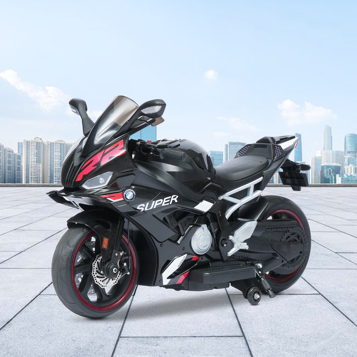 Leotoon Motorand Super Bike | Biggest Bike | 12V/8AH Battery | 45W Two Motors | Hand Accelerator | USB/MP3 | English Rhymes |  LED Lit Wheels | English Music | BIS Certified | (Black) (3-12 Years)