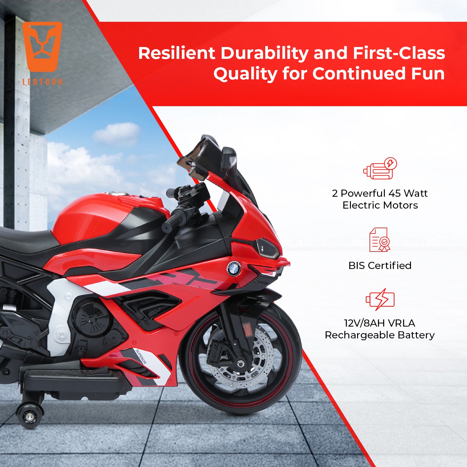 Leotoon Motorand Super Bike | Biggest Bike | 12V/8AH Battery | 45W Two Motors | Hand Accelerator | USB/MP3 | English Rhymes |  LED Lit Wheels | English Music | BIS Certified | (Red) (3-12 Years)