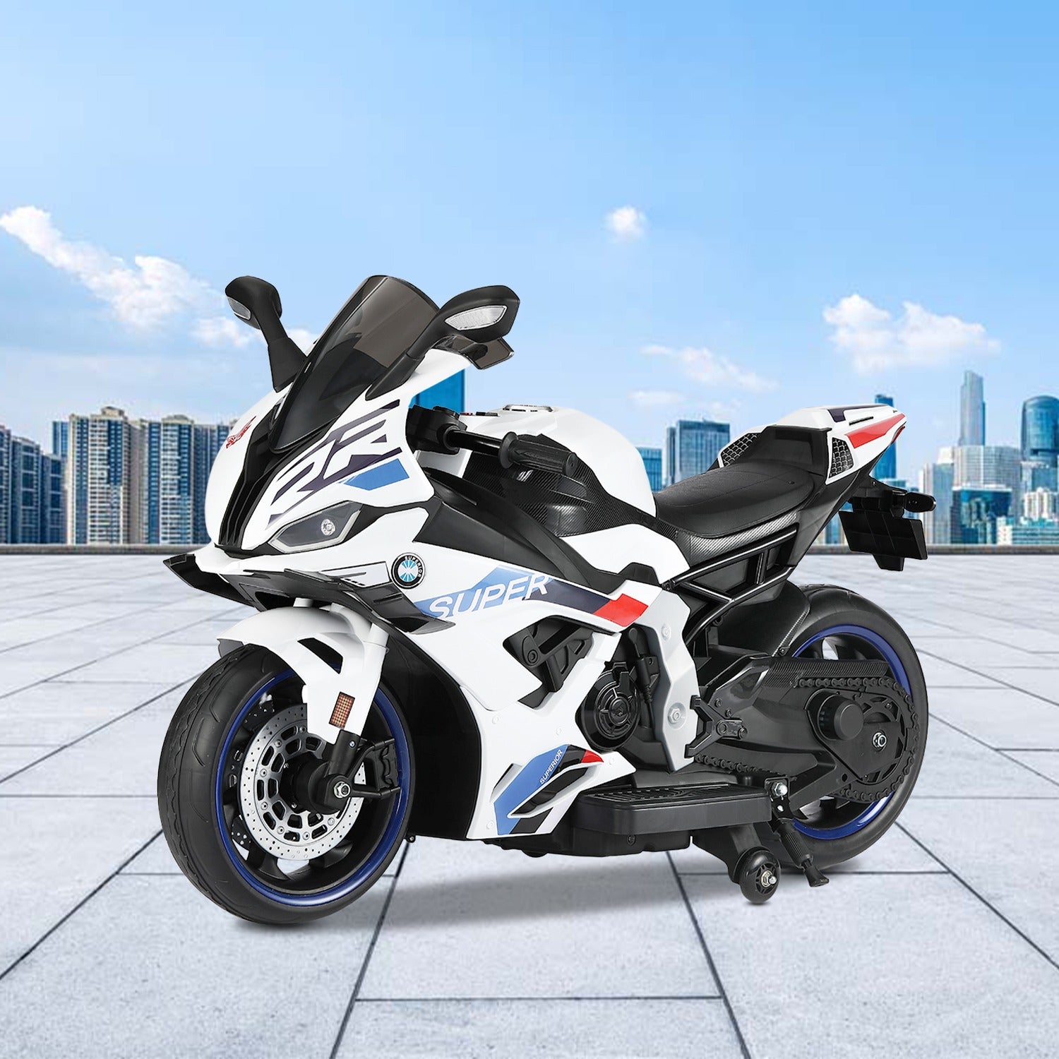 Leotoon Motorand Super Bike | Biggest Bike | 12V/8AH Battery | 45W Two Motors | Hand Accelerator | USB/MP3 | English Rhymes |  LED Lit Wheels | English Music | BIS Certified | (White) (3-12 Years)
