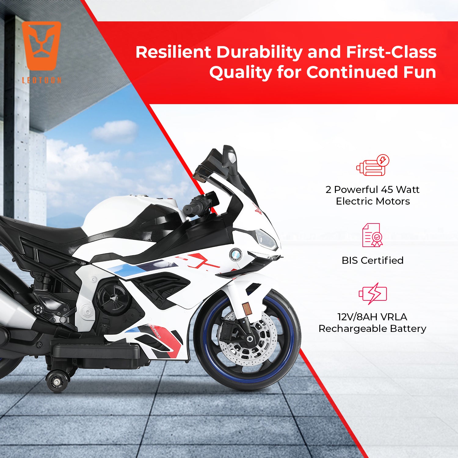 Leotoon Motorand Super Bike | Biggest Bike | 12V/8AH Battery | 45W Two Motors | Hand Accelerator | USB/MP3 | English Rhymes |  LED Lit Wheels | English Music | BIS Certified | (White) (3-12 Years)
