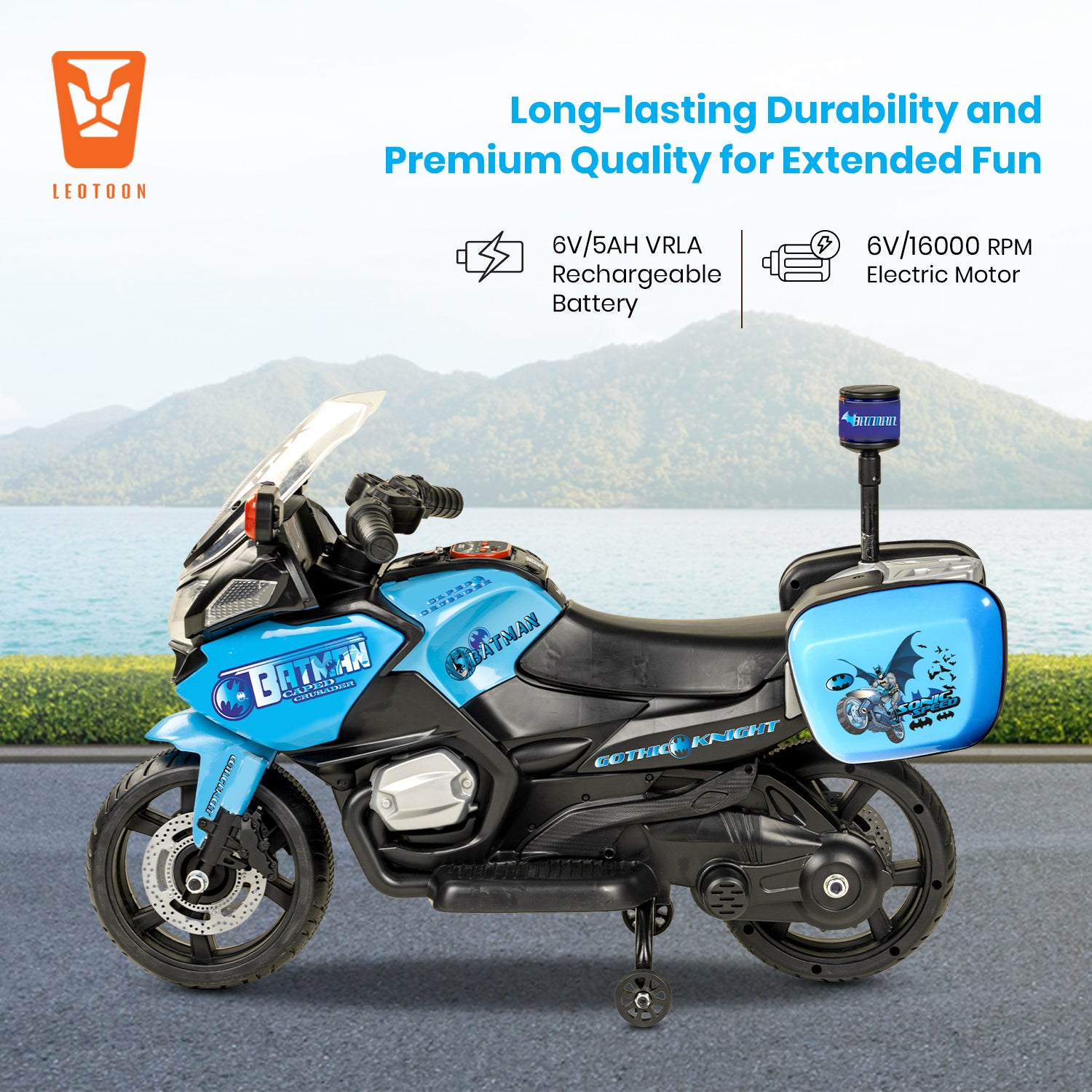 Leotoon Licensed Batman (2W) Kids Bike | 6V/5AH Battery | 6V/16000 RPM Motor | Foot Accelerator | USB/MP3 Interface | LED Light | English Rhymes & Music | BIS Certified | (Blue) (3-5 Years)