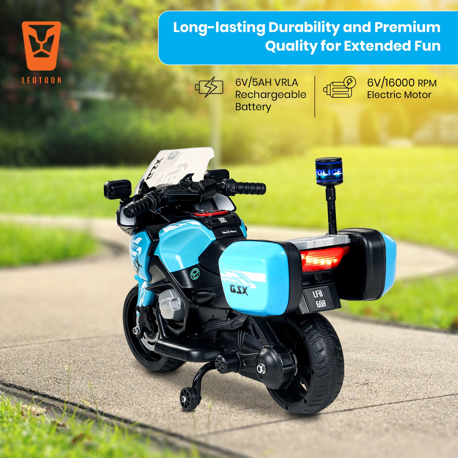 Leotoon GSX 2W Kids Bike | 6V/5AH Battery | 6V/16000 RPM Motor | Foot Accelerator | USB/MP3 Interface | Educational Rhymes | LED Light | English Music | BIS Certified | (Blue) (3-5 Years)
