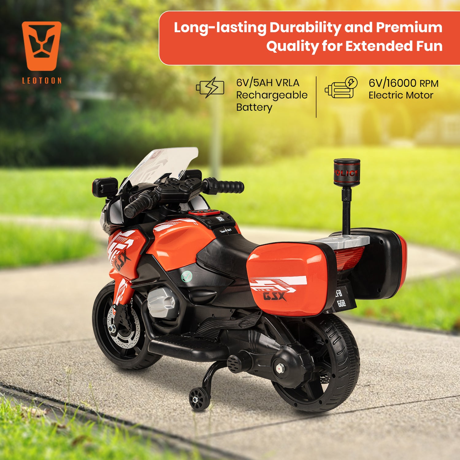 Leotoon GSX 2W Kids Bike | 6V/5AH Battery | 6V/16000 RPM Motor | Foot Accelerator | USB/MP3 Interface | Educational Rhymes | LED Light | English Music | BIS Certified | (Red) (3-5 Years)