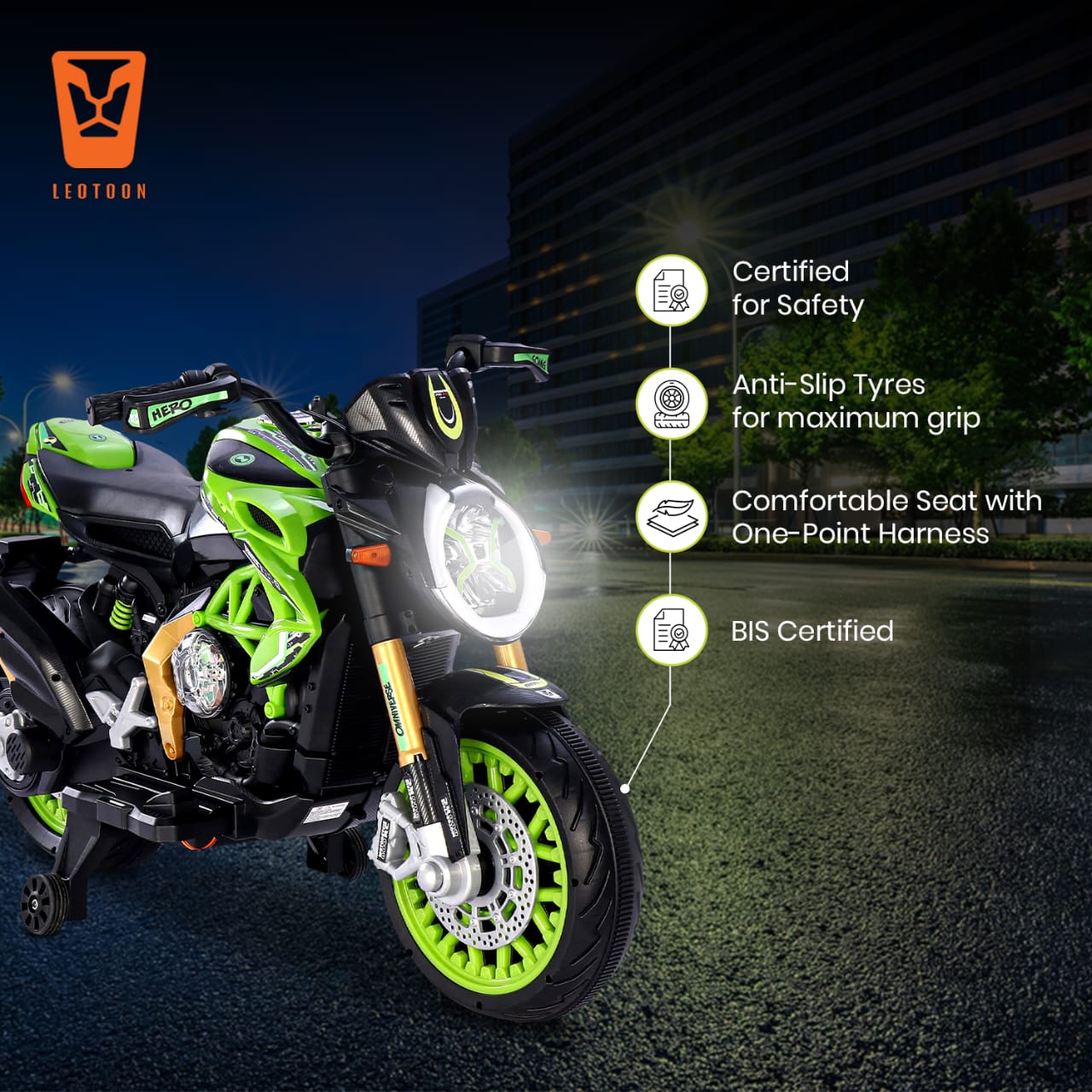 Leotoon Licensed 800cc Ben10 Bike | 12V/5AH Battery | 12V/15000 RPM 2 Motors | Hand Accelerator | With Bluetooth | Key Start |  Dazzling LED Wheels | Multimedia Fun | BIS Certified | (Ben10) (3-10 Years)