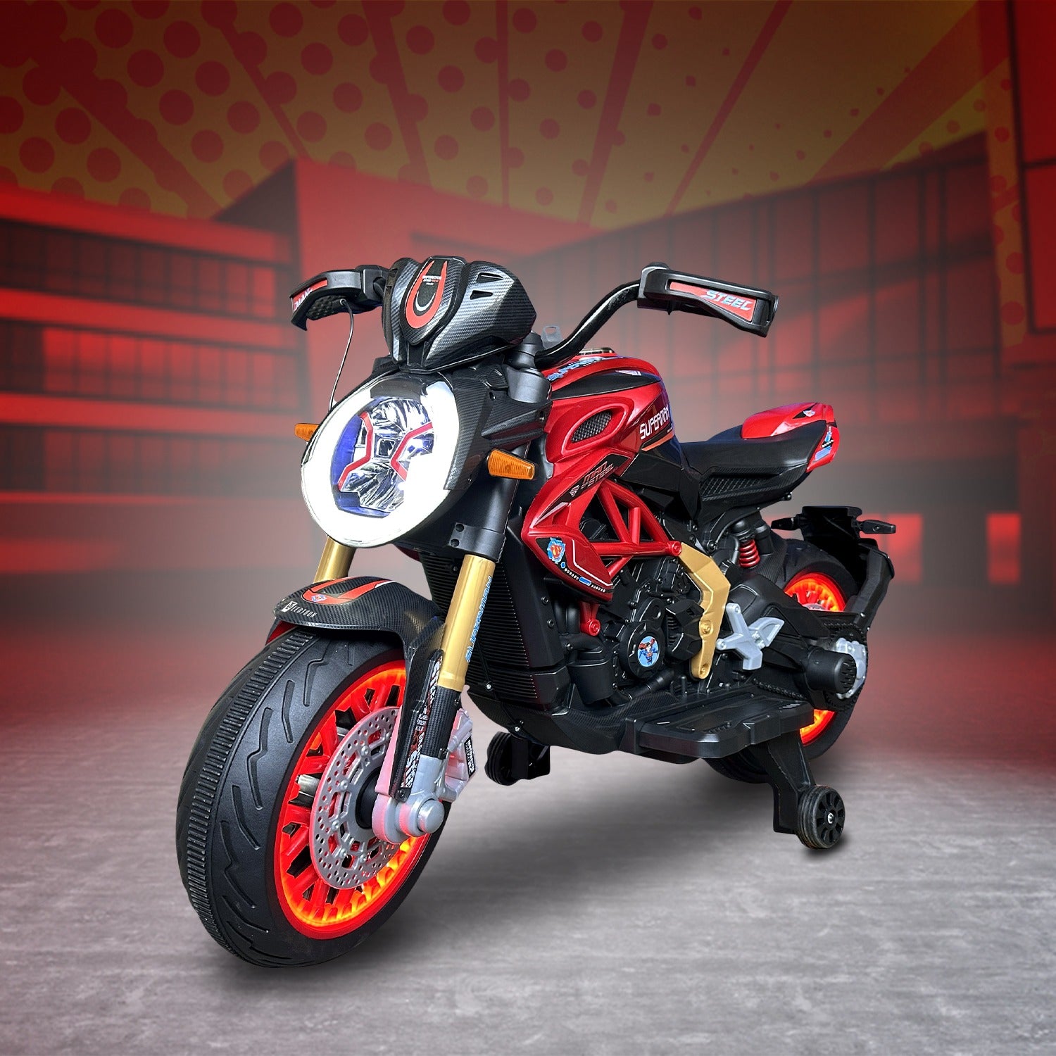 Leotoon Licensed 800cc SUPERMAN Bike | 12V/5AH Battery | 12V/15000 RPM 2 Motors | Hand Accelerator | With Bluetooth | Key Start |  Dazzling LED Wheels | Multimedia Fun | BIS Certified | (SUPERMAN) (3-10 Years)