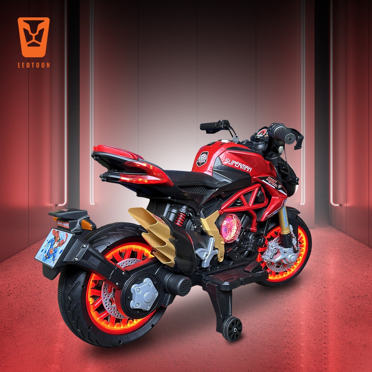 Leotoon Licensed 800cc SUPERMAN Bike | 12V/5AH Battery | 12V/15000 RPM 2 Motors | Hand Accelerator | With Bluetooth | Key Start |  Dazzling LED Wheels | Multimedia Fun | BIS Certified | (SUPERMAN) (3-10 Years)