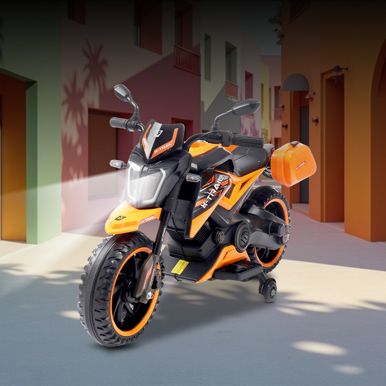 Leotoon X-Trail 2W Bike | Hand Accelerator | 12V/5AH Battery | 12V/11000 RPM Motor | USB/MP3 Interface | English Rhymes |  Big Wheels | English Music | BIS Certified | (Orange) (3-8 Years)