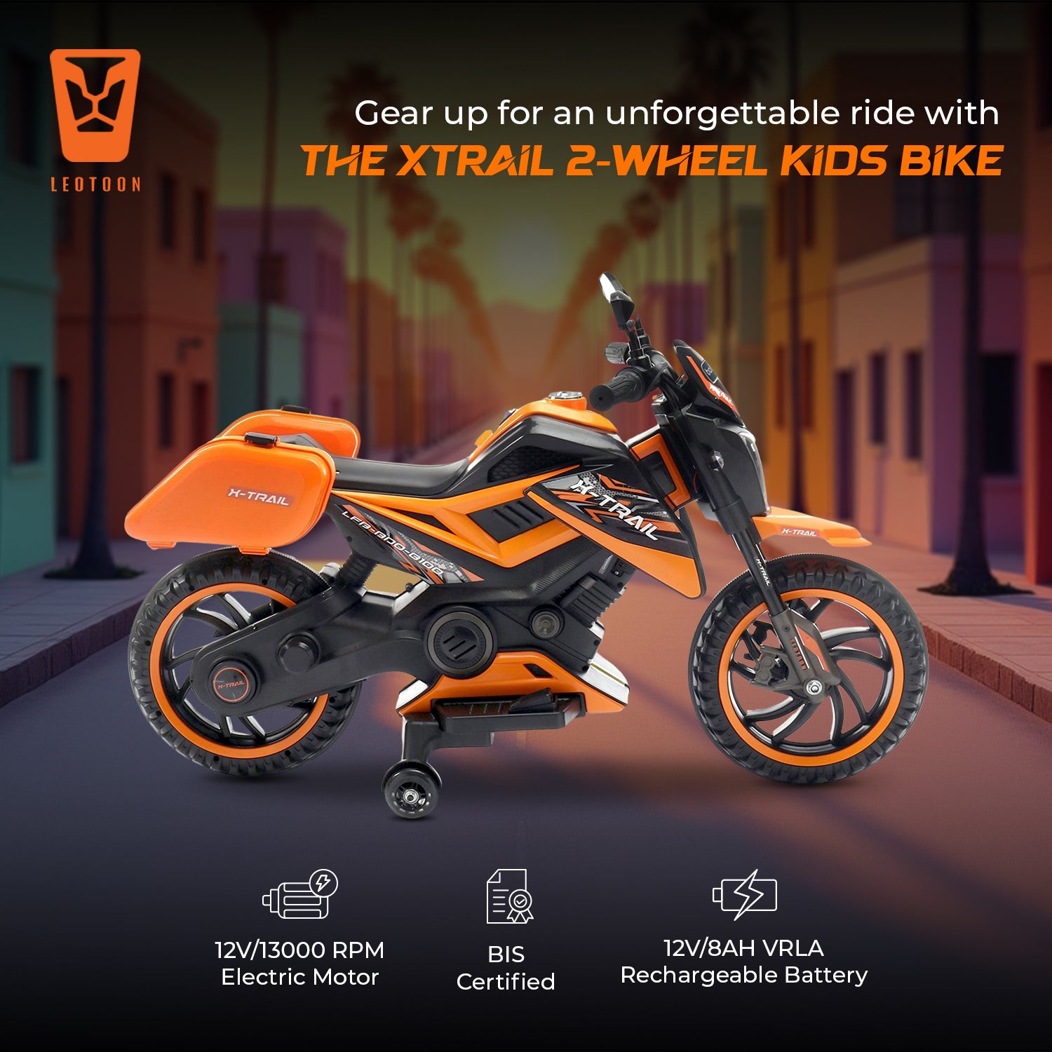 Leotoon X-Trail 2W Bike | Hand Accelerator | 12V/5AH Battery | 12V/11000 RPM Motor | USB/MP3 Interface | English Rhymes |  Big Wheels | English Music | BIS Certified | (Orange) (3-8 Years)