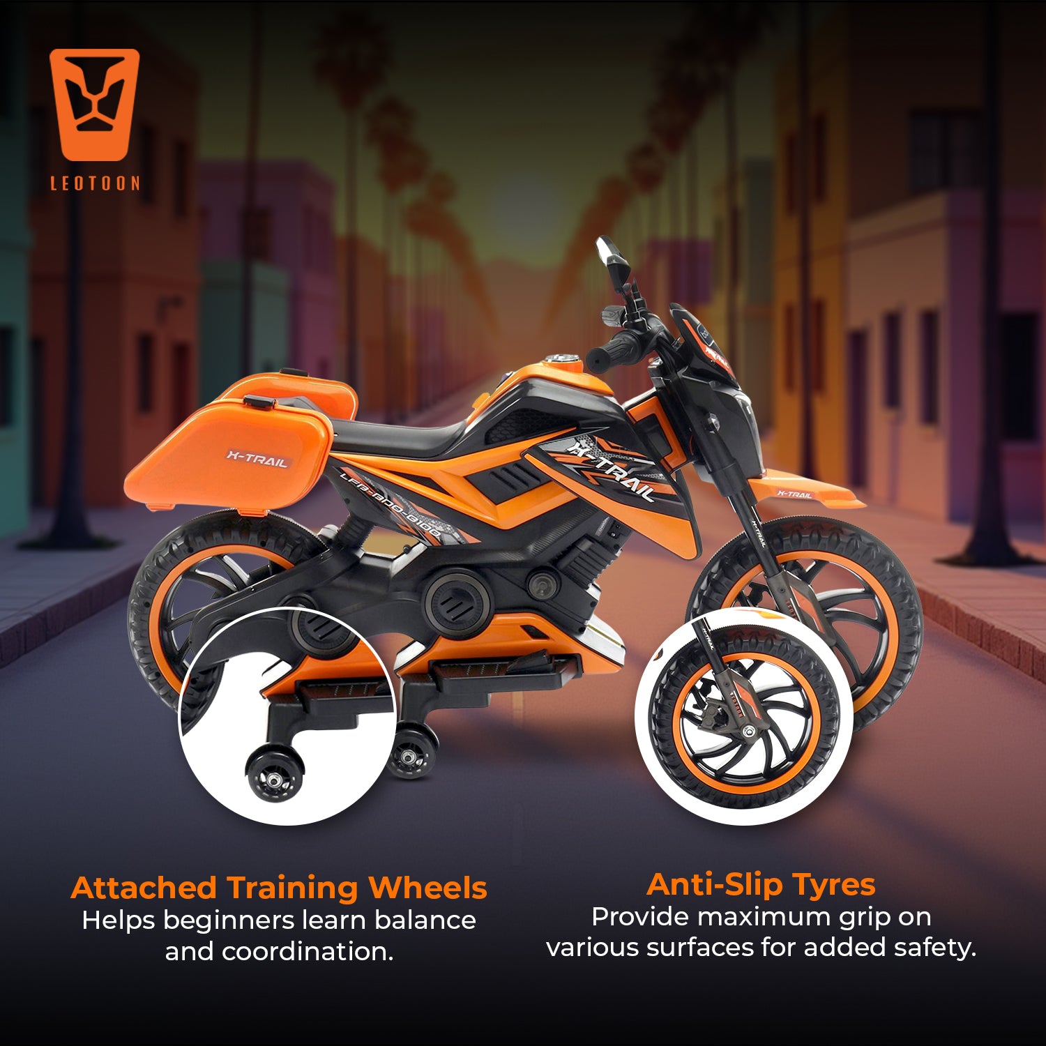 Leotoon X-Trail 2W Bike Hand Accelerator 12V/5AH Battery 12V/11000 RPM Motor USB/MP3 Interface English Rhymes |Big Wheels English Music