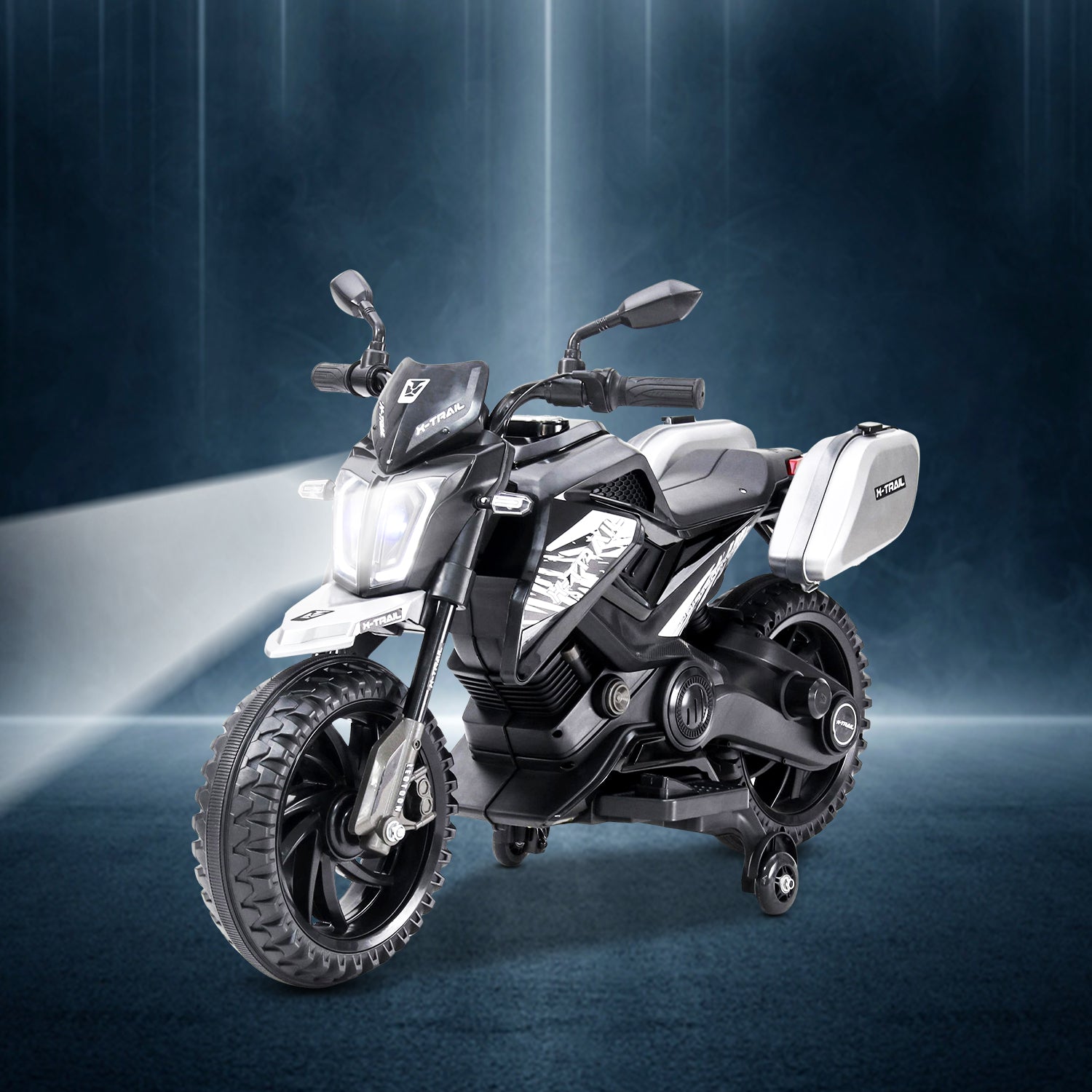 Leotoon X-Trail 2W Bike | Hand Accelerator | 12V/5AH Battery | 12V/11000 RPM Motor | USB/MP3 Interface | English Rhymes |  Big Wheels | English Music | BIS Certified | (Metallic Black) (3-8 Years)