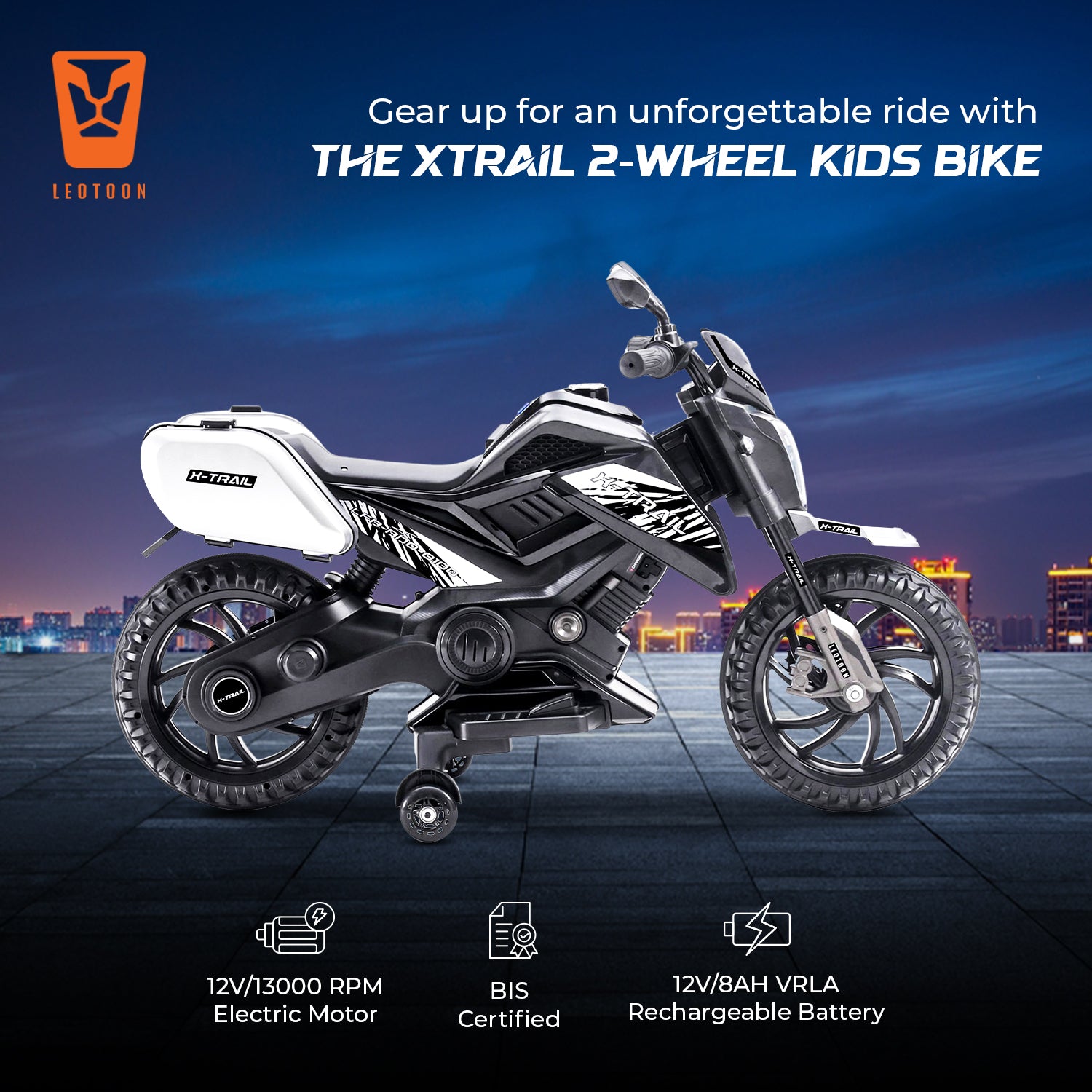 Leotoon X-Trail 2W Bike | Hand Accelerator | 12V/5AH Battery | 12V/11000 RPM Motor | USB/MP3 Interface | English Rhymes |  Big Wheels | English Music | BIS Certified | (Metallic Black) (3-8 Years)