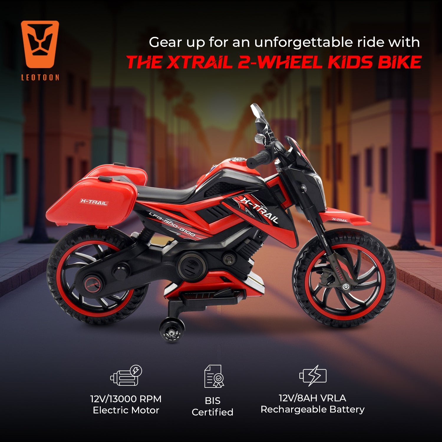 Leotoon X-Trail 2W Bike | Hand Accelerator | 12V/5AH Battery | 12V/11000 RPM Motor | USB/MP3 Interface | English Rhymes |  Big Wheels | English Music | BIS Certified | (Red) (3-8 Years)
