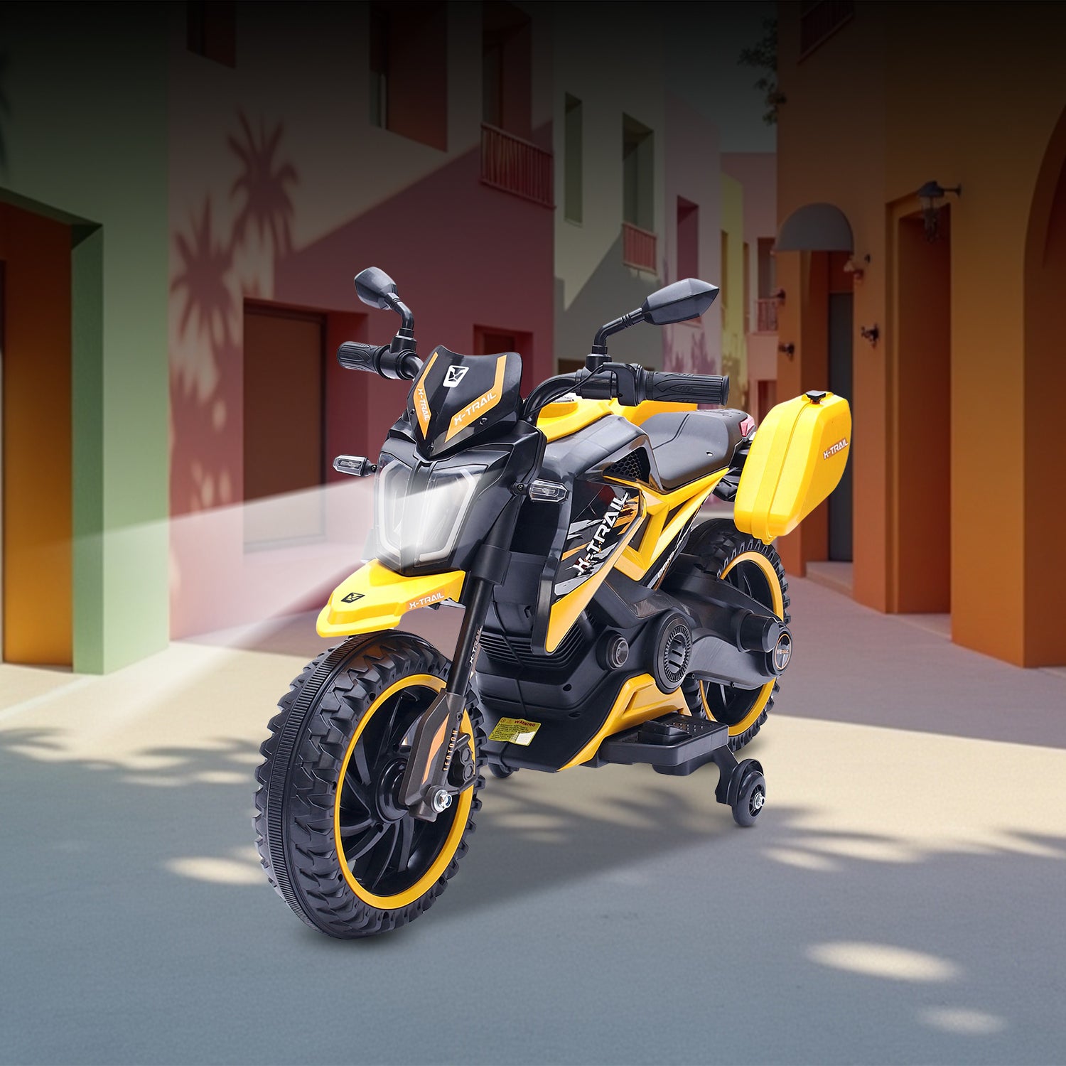 Leotoon X-Trail 3W Bike | 12V/5AH Battery | 12V/11000 RPM Motor | Hand Accelerator | USB/MP3 | English Rhymes |  Big Wheels | English Music | BIS Certified | (Yellow) (3-8 Years)