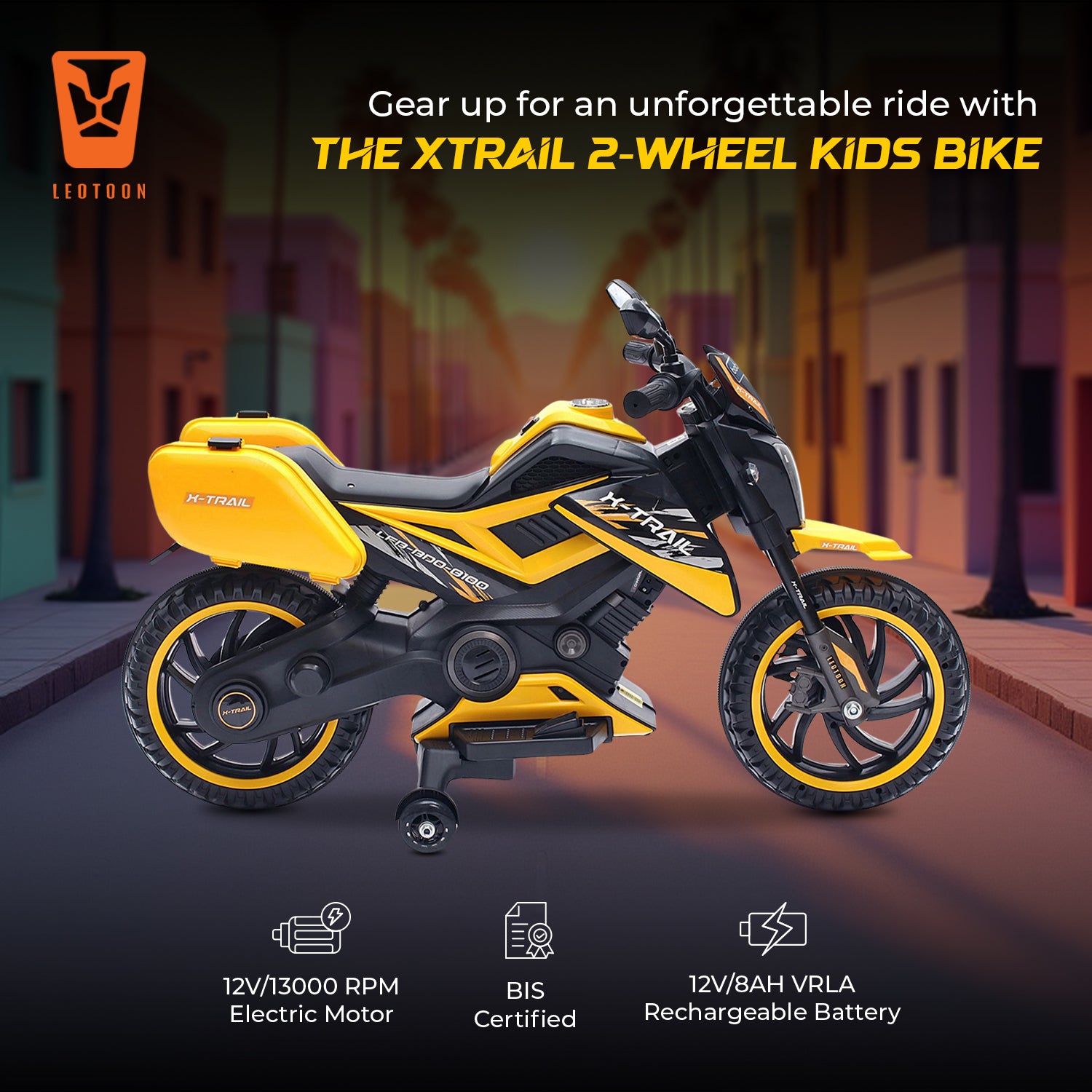 Leotoon X-Trail 3W Bike | 12V/5AH Battery | 12V/11000 RPM Motor | Hand Accelerator | USB/MP3 | English Rhymes |  Big Wheels | English Music | BIS Certified | (Yellow) (3-8 Years)