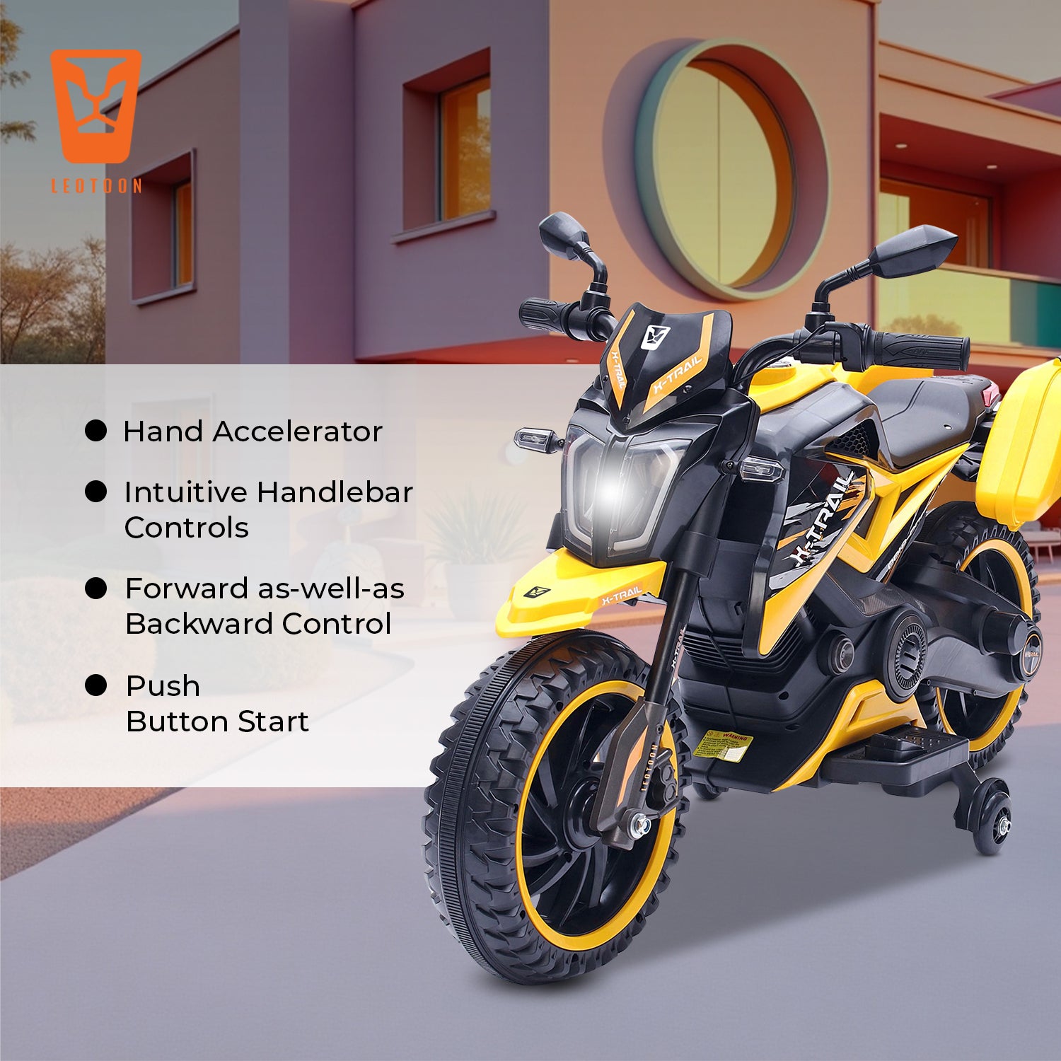 Leotoon X-Trail 2W Bike Hand Accelerator 12V/5AH Battery 12V/11000 RPM Motor USB/MP3 Interface English Rhymes |Big Wheels English Music