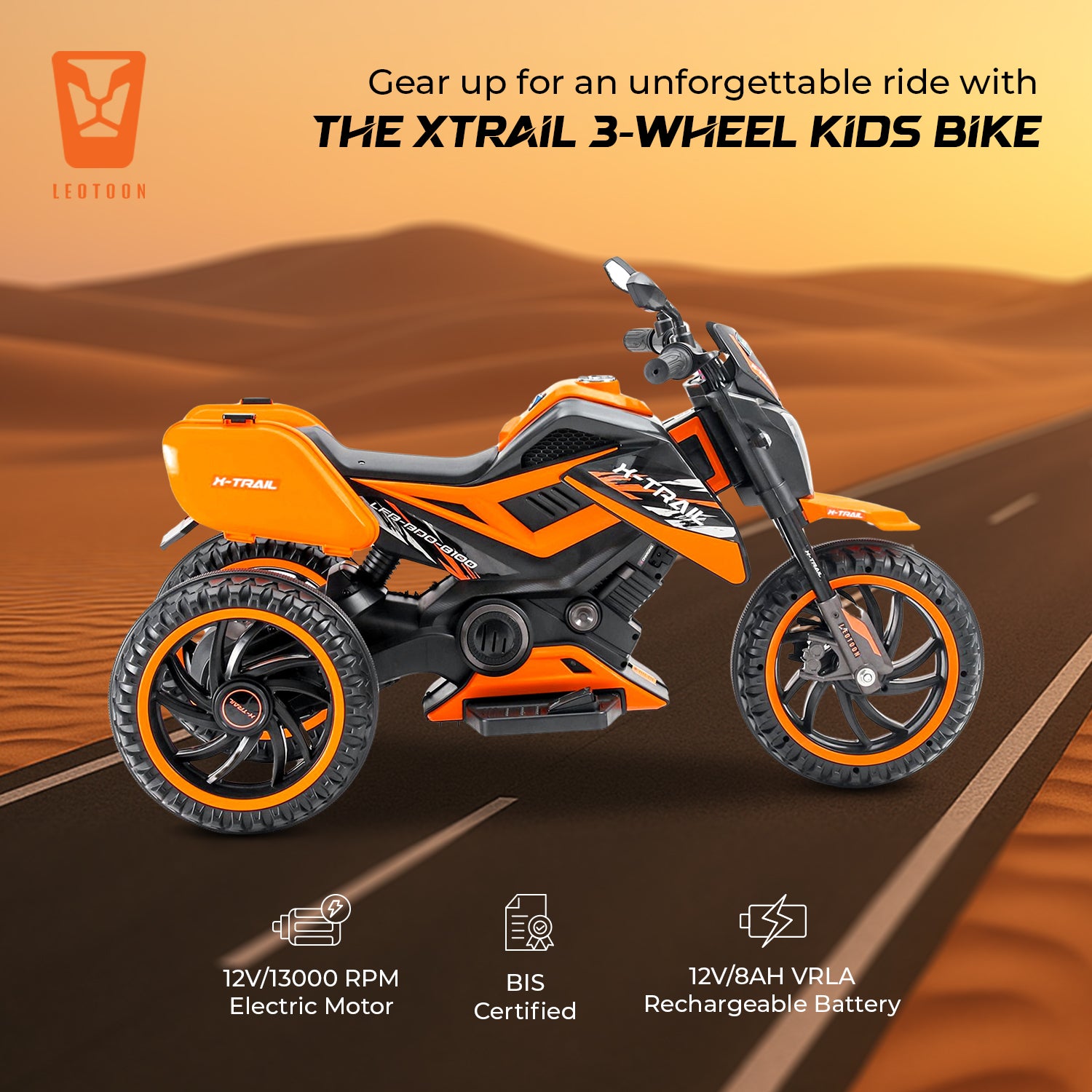 Leotoon X-Trail 3W Bike | 12V/5AH Battery | 12V/11000 RPM Motor | Hand Accelerator | USB/MP3 | English Rhymes |  Big Wheels | English Music | BIS Certified | (Orange) (3-8 Years)