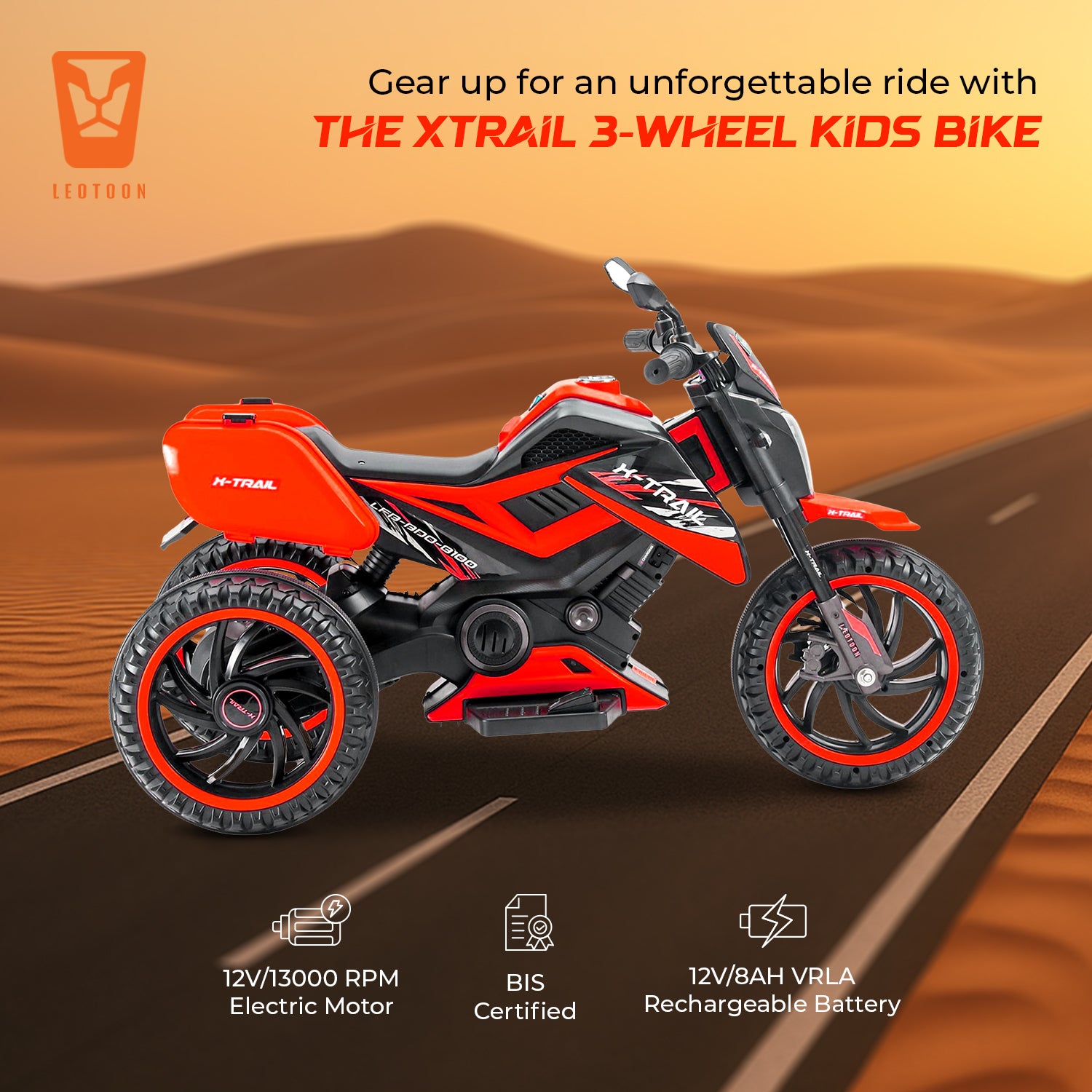 Leotoon X-Trail 3W Bike | 12V/5AH Battery | 12V/11000 RPM Motor | Hand Accelerator | USB/MP3 | English Rhymes |  Big Wheels | English Music | BIS Certified | (Red) (3-8 Years)