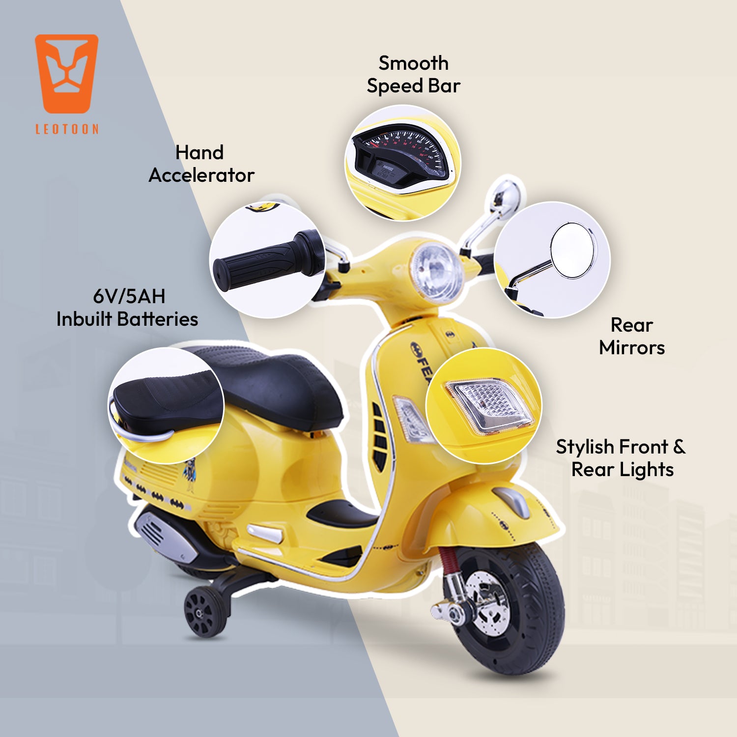 Leotoon Licensed Batwoman Scooter | 2B (6V/5AH) Battery | 2M (12V/18000 RPM) Motor | Hand Accelerator | USB/MP3 Interface | LED Light | English Rhymes & Music | BIS Certified | (Yellow) (3-7 Years)
