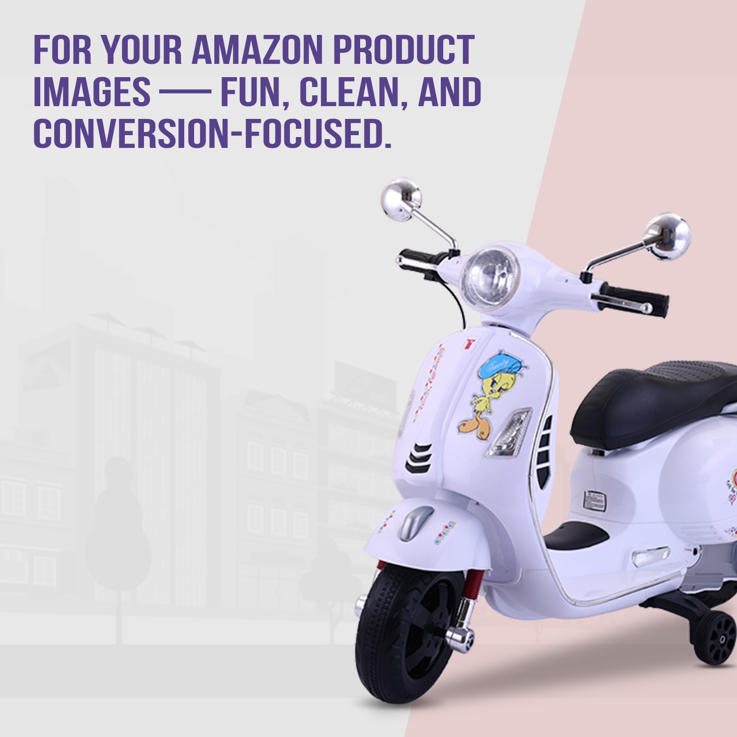 Leotoon Licensed Looney Tunes Scooter | 2B (6V/5AH) Battery | 2M (12V/18000 RPM) Motor | Hand Accelerator | USB/MP3 Interface | LED Light | English Rhymes & Music | BIS Certified | (White) (3-7 Years)