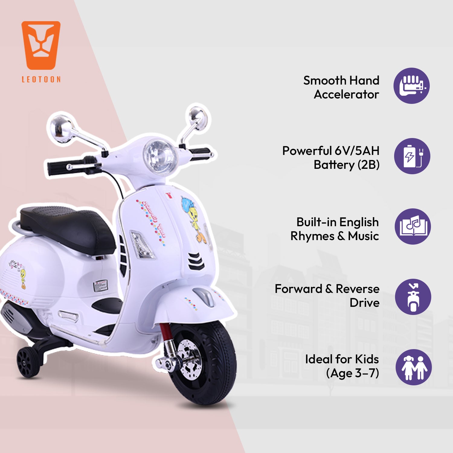 Leotoon Licensed Looney Tunes Scooter | 2B (6V/5AH) Battery | 2M (12V/18000 RPM) Motor | Hand Accelerator | USB/MP3 Interface | LED Light | English Rhymes & Music | BIS Certified | (White) (3-7 Years)