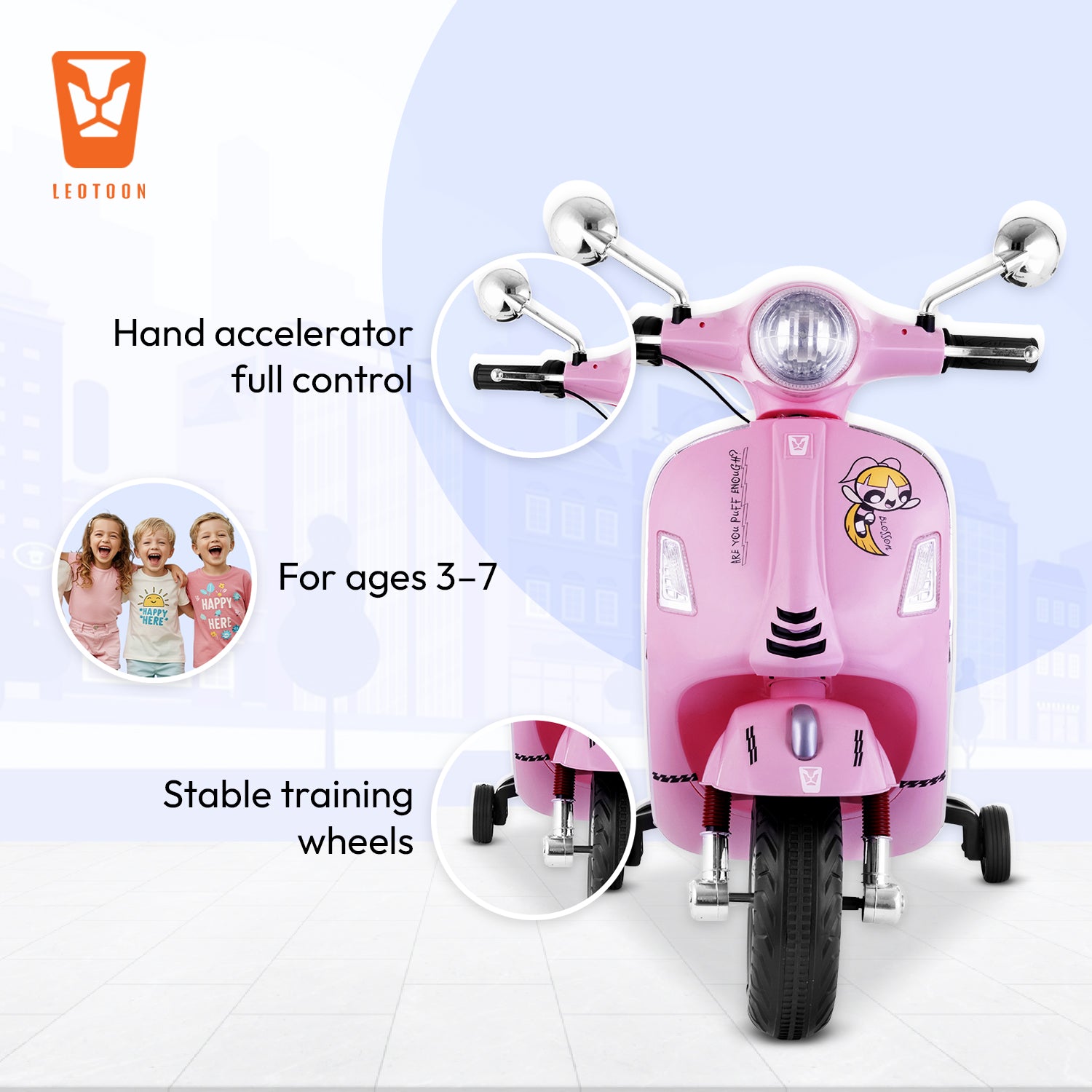 Leotoon Licensed Powerpuff Girls Scooter | 2B (6V/5AH) Battery | 2M (12V/18000 RPM) Motor | Hand Accelerator | USB/MP3 Interface | LED Light | English Rhymes & Music | BIS Certified | (Pink) (3-7 Years)