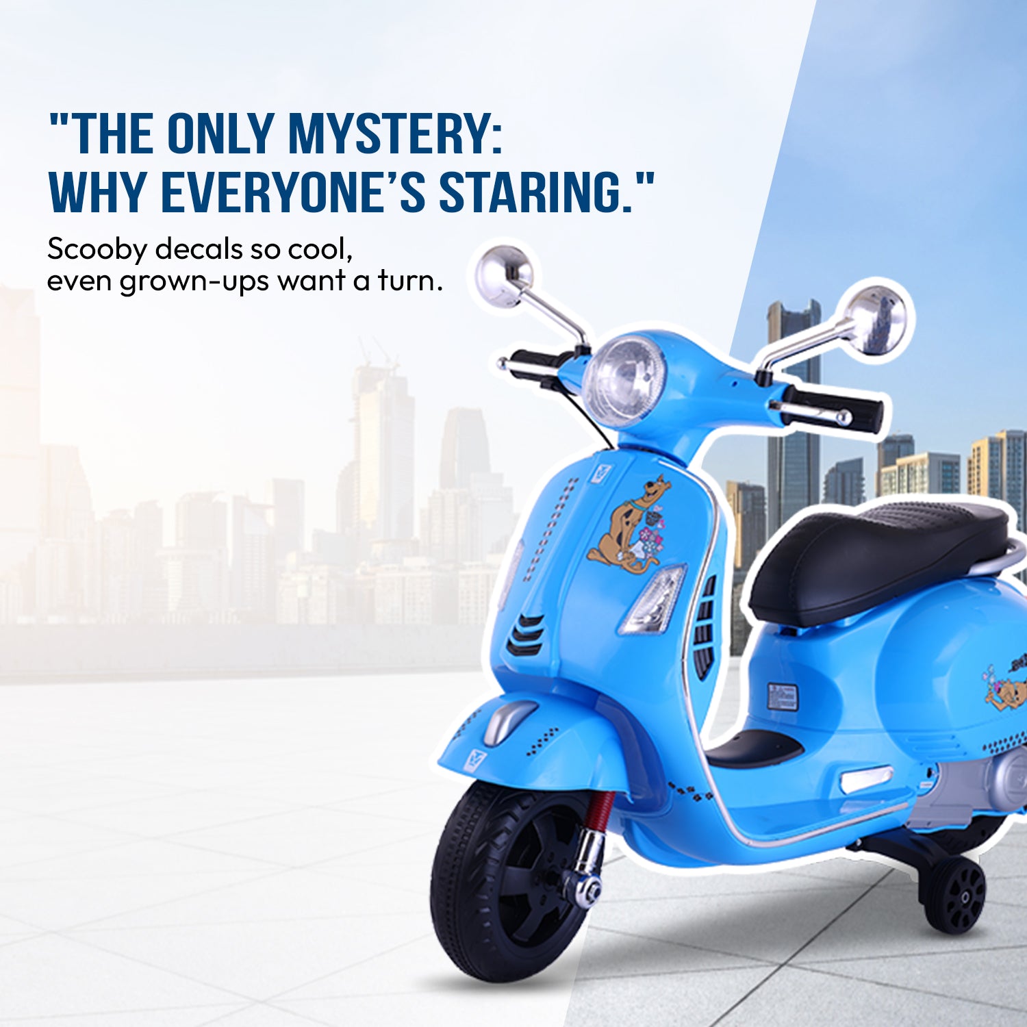 Leotoon Licensed Scooby Doo Scooter | 2B (6V/5AH) Battery | 2M (12V/18000 RPM) Motor | Hand Accelerator | USB/MP3 Interface | LED Light | English Rhymes & Music | BIS Certified | (Blue) (3-7 Years)