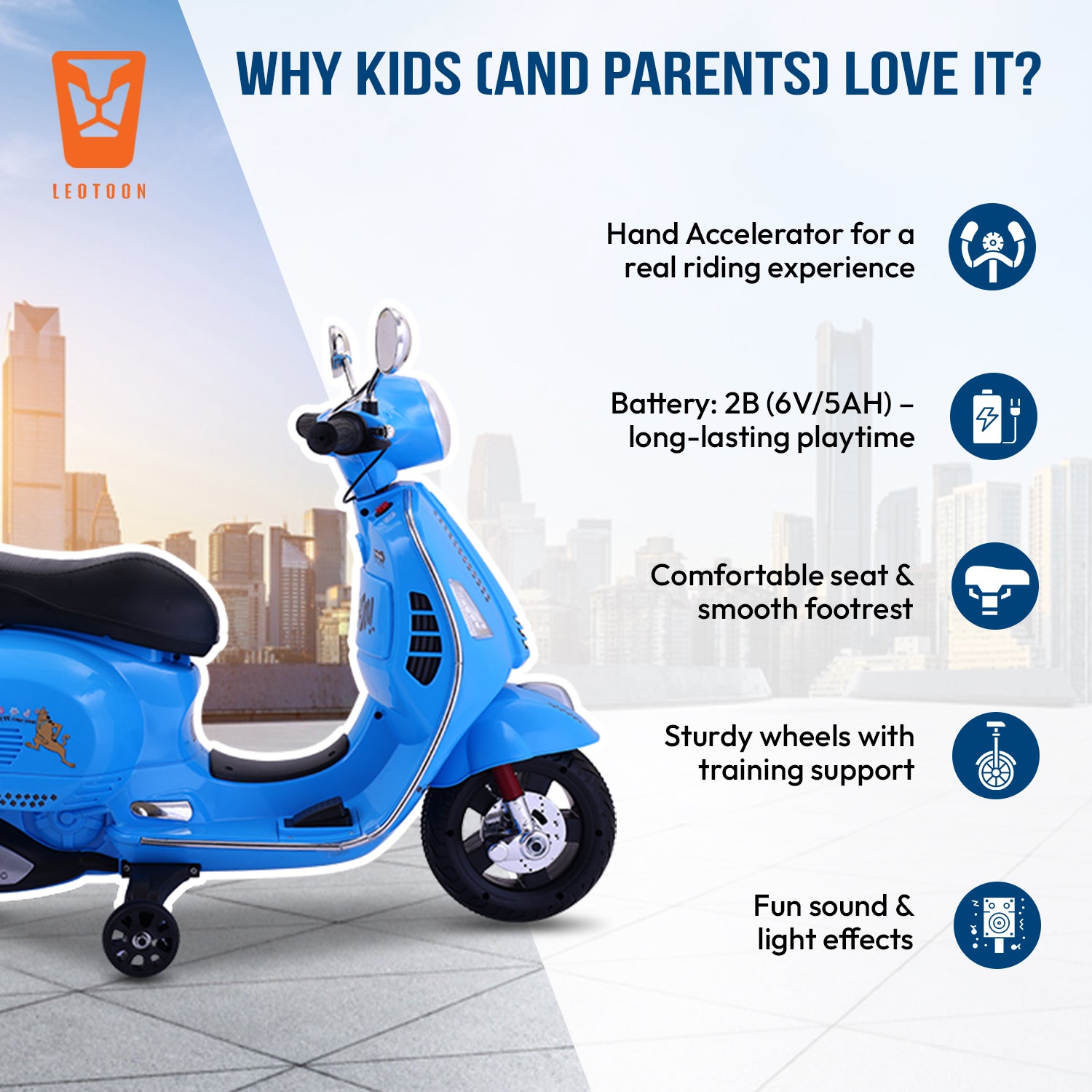 Leotoon Licensed Scooby Doo Scooter | 2B (6V/5AH) Battery | 2M (12V/18000 RPM) Motor | Hand Accelerator | USB/MP3 Interface | LED Light | English Rhymes & Music | BIS Certified | (Blue) (3-7 Years)