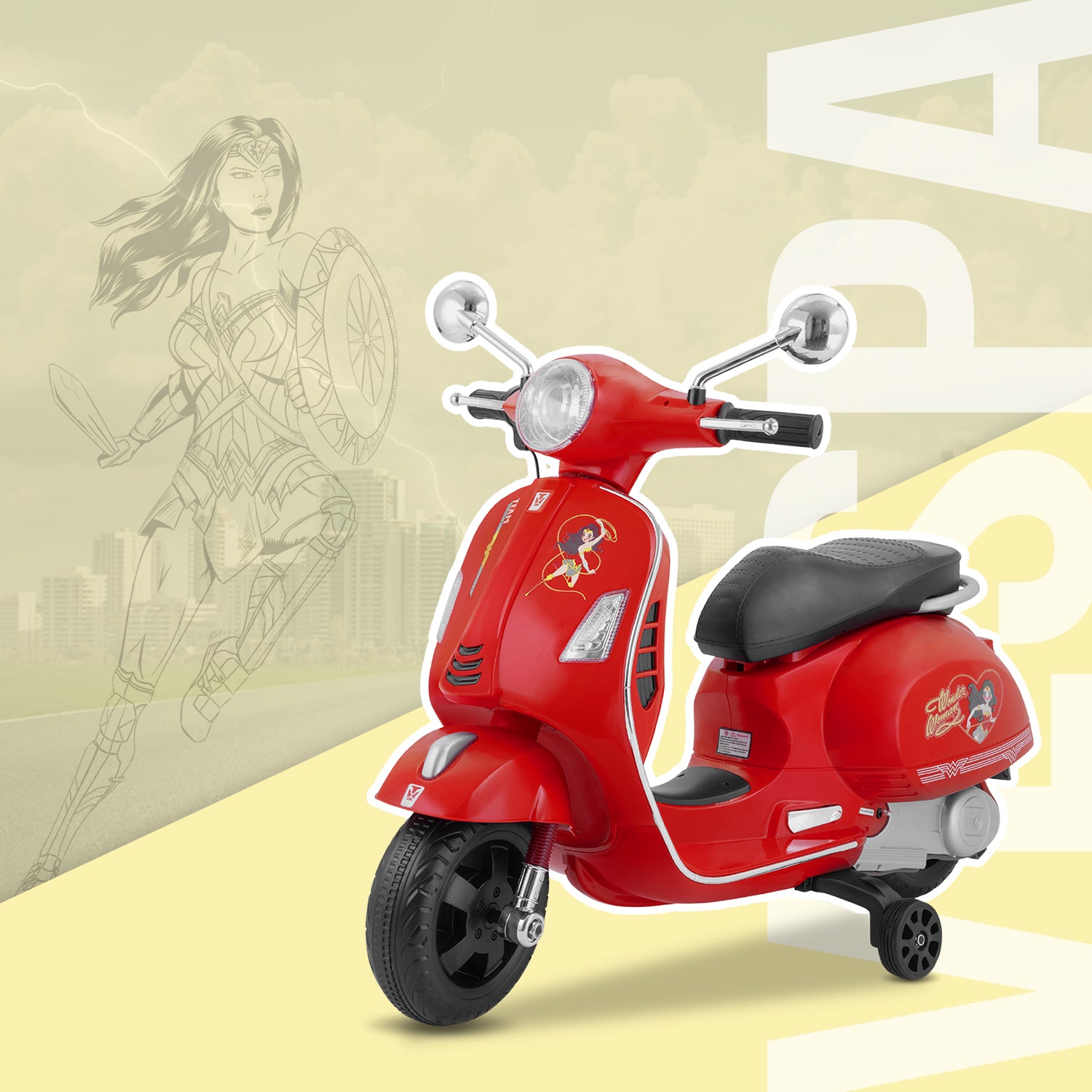 Leotoon Licensed Wonder Woman Scooter | 2B (6V/5AH) Battery | 2M (12V/18000 RPM) Motor | Hand Accelerator | USB/MP3 Interface | LED Light | English Rhymes & Music | BIS Certified | (Red) (3-7 Years)