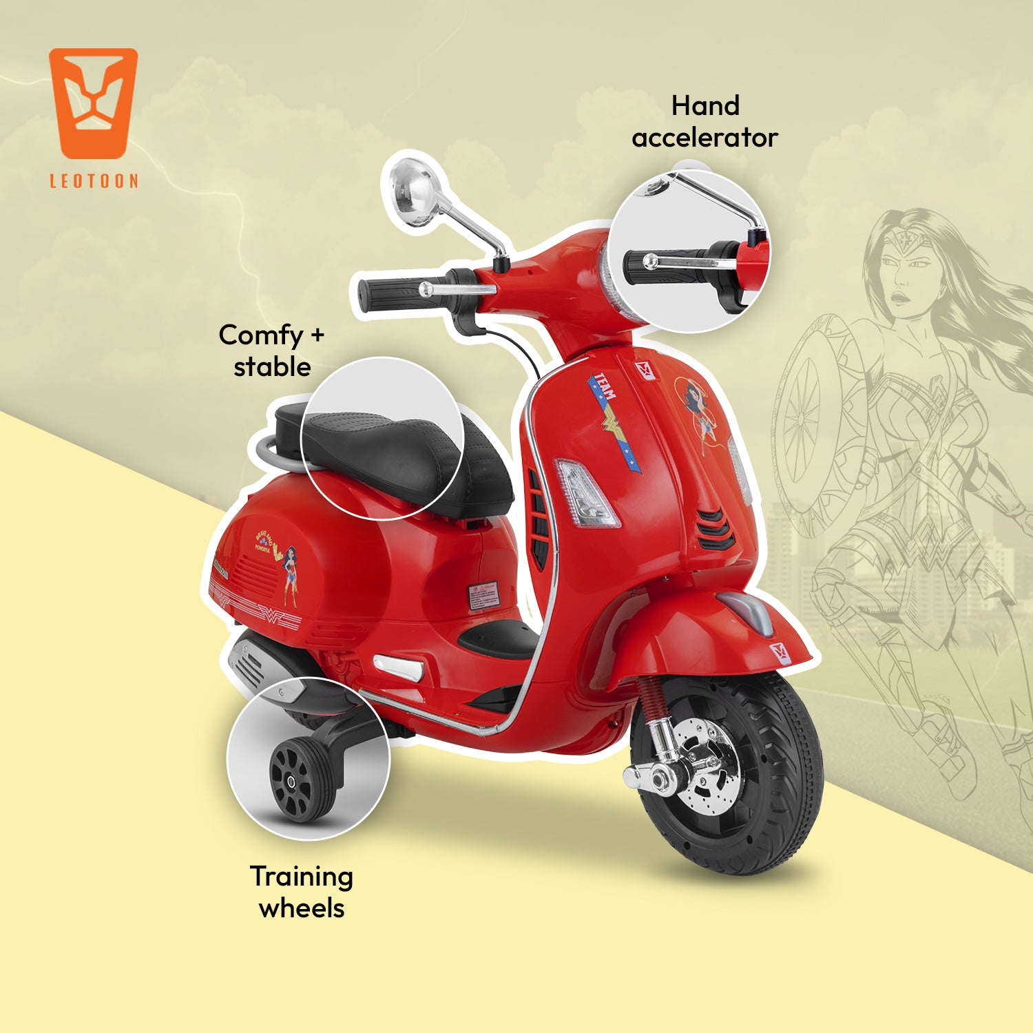 Leotoon Licensed Wonder Woman Scooter | 2B (6V/5AH) Battery | 2M (12V/18000 RPM) Motor | Hand Accelerator | USB/MP3 Interface | LED Light | English Rhymes & Music | BIS Certified | (Red) (3-7 Years)