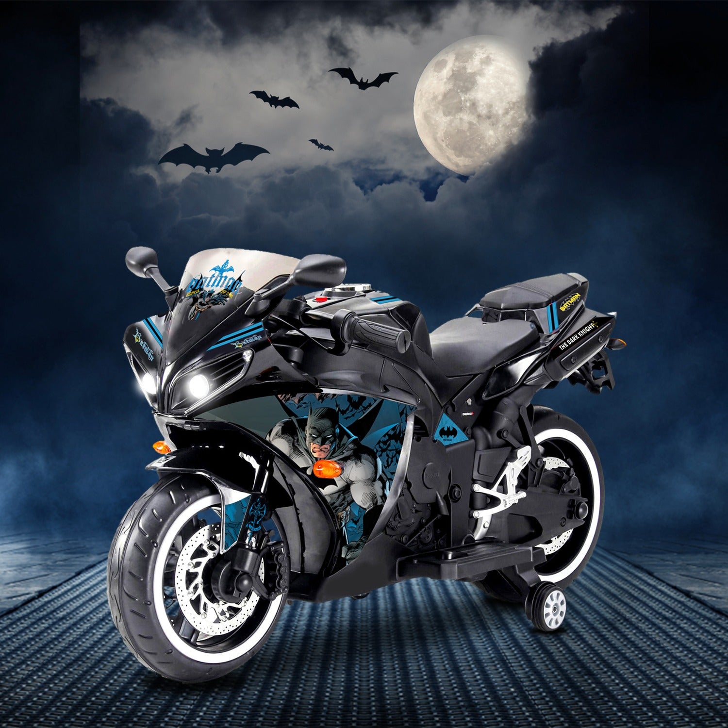 Leotoon Licensed Batman Bike | 12V/5AH Battery | 12V/15000 RPM Motor | Hand Accelerator | USB/MP3 Interface | Educational Rhymes | LED Light | English Music | BIS Certified | (Metallic Black) (3-8 Years)